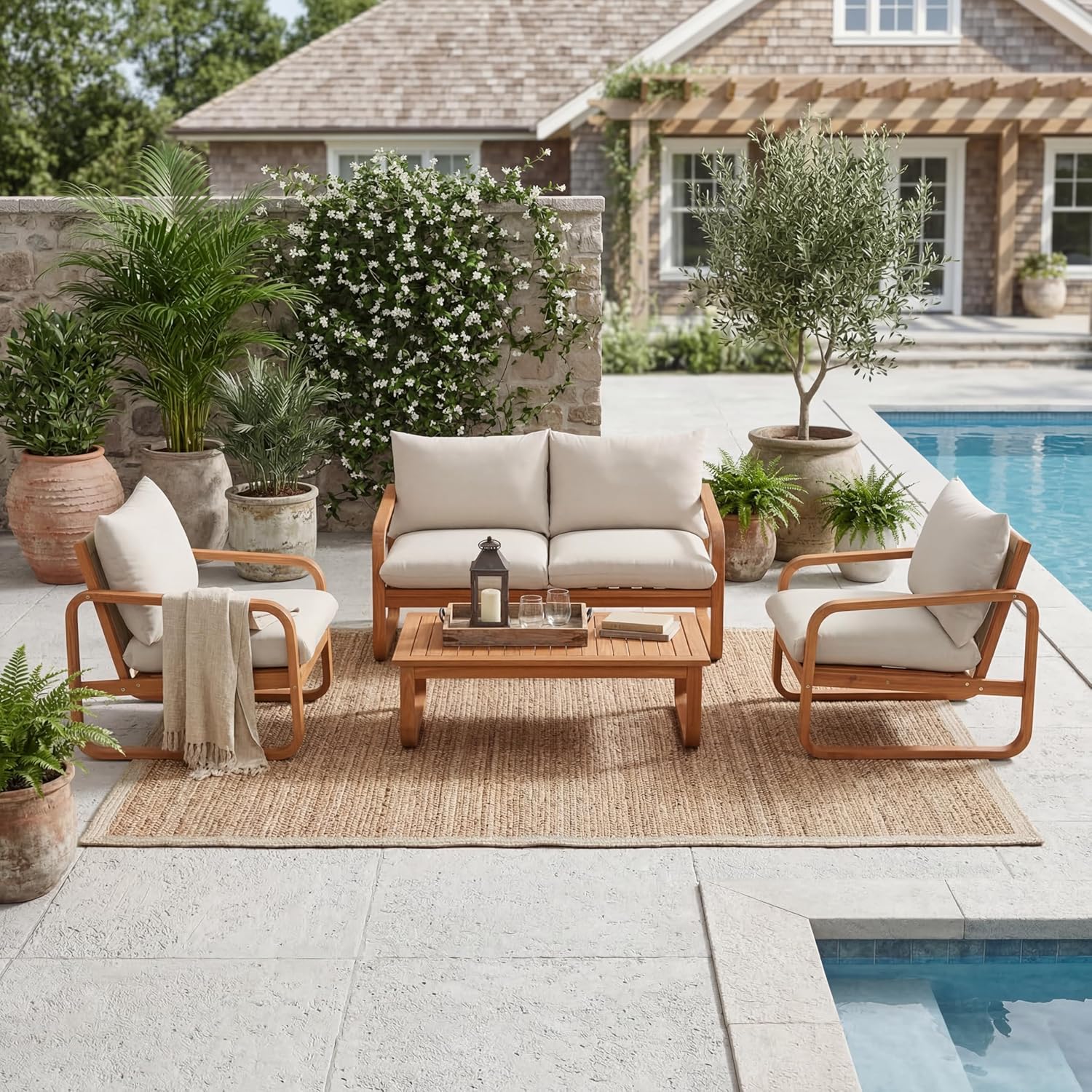 Merax Outdoor 4-Piece Acacia Wood Conversation Set - Patio 2-Seat Loveseat Sofa w/Coushion, 2 Armchair and Square Coffee Table for Backyard, Lawn, Balcony, Beige + Natural