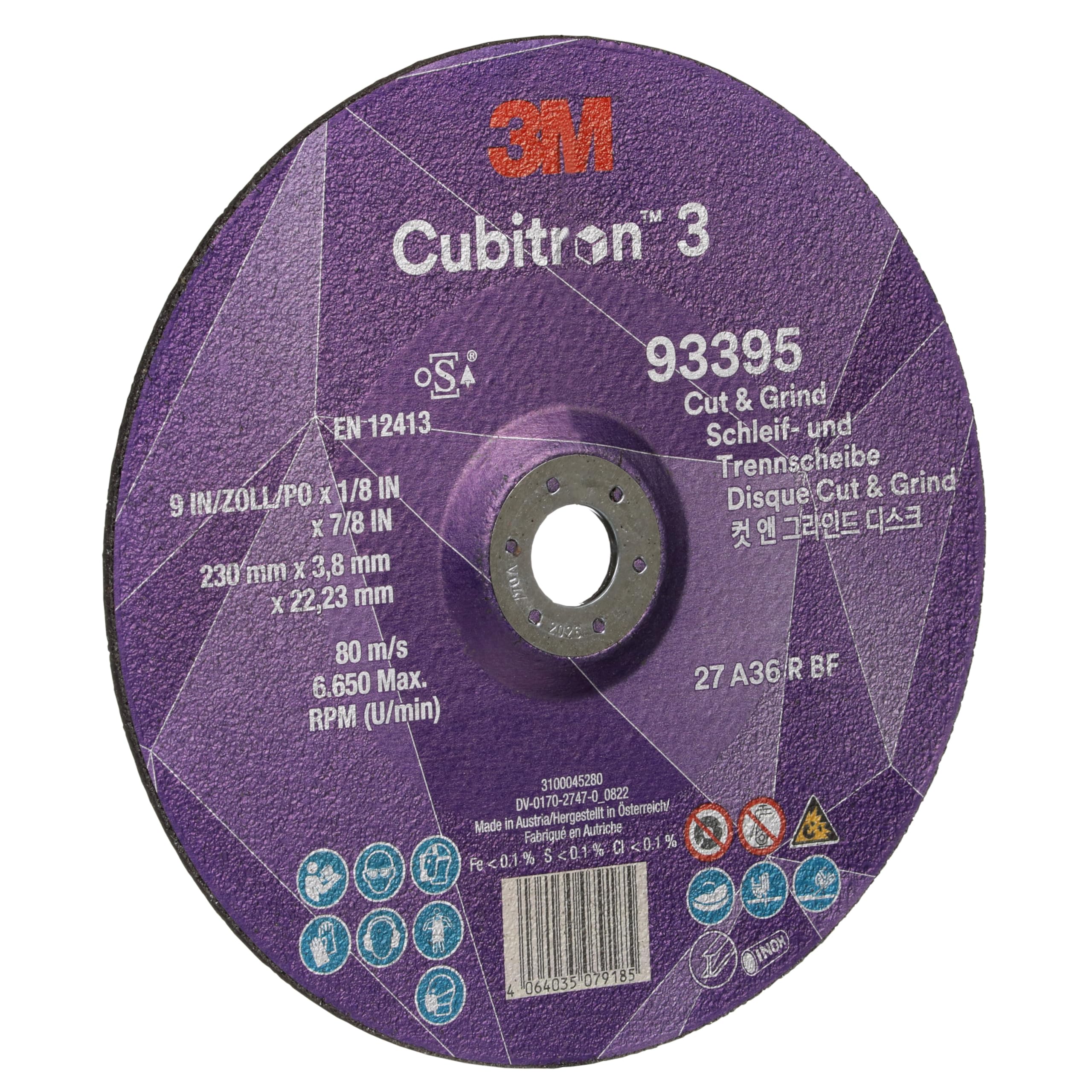 3M Cubitron 3 Cut and Grind Schruppscheibe, 93395, 36+, T27 | 230 mm x 3,8 mm x 22,23 mm, EN, 10/Pack