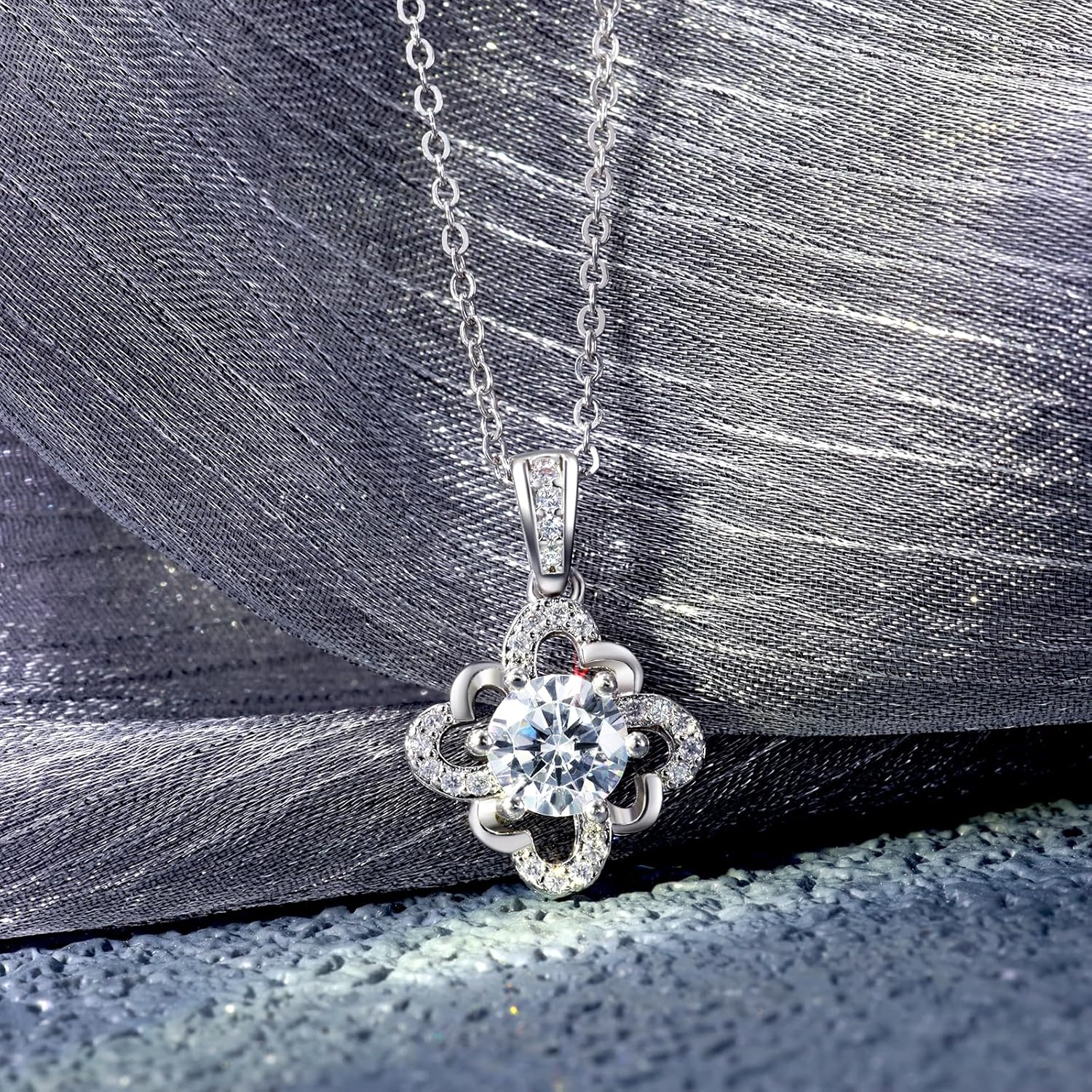 Sterling Silver Flower Necklace for Women Adjustable Pendant Necklace Hypoallergenic Round Cubic Zirconia Classic Charms Necklace Gifts for Wife Mother Christmas Birthday Valentine's Day Anniversary - Image 4
