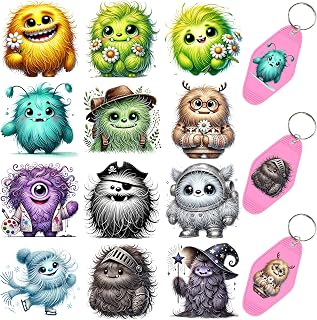 60pcs UV DTF Keychain Transfer Papers - Vinyl Decals for Keys & Luggage Tags, Funny Designs with Scratch-Resistant Coating, Transfer Papers for Hotel Keycards (Cute Monster)