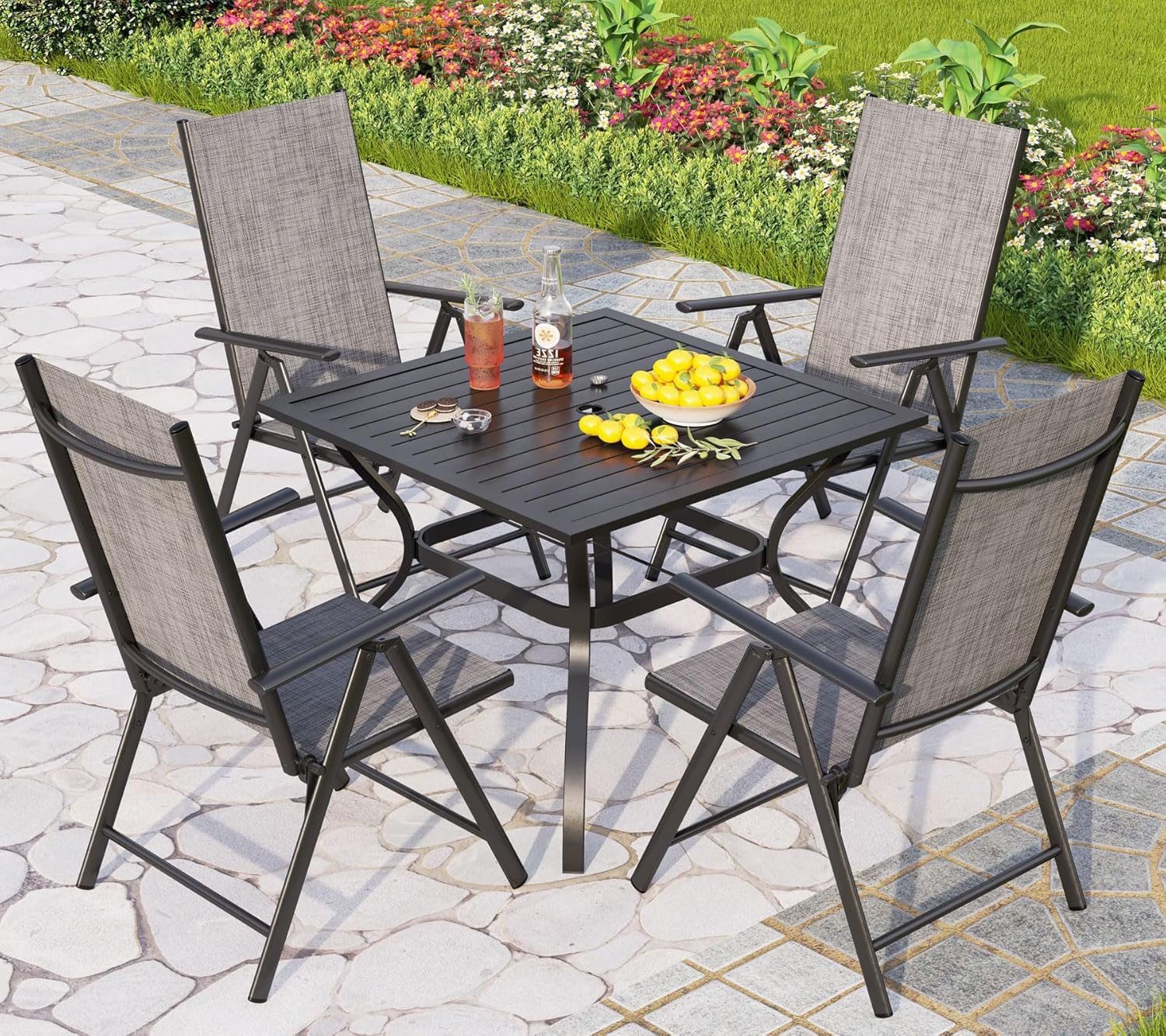 PHI VILLA 5 PCs Garden Furniture Sets with Garden Table and Chairs, Outdoor Patio Set with Adjustable Garden Folding Chairs & Square Metal Steel Patio Dining Table with 4cm Umbrella Hole, Grey