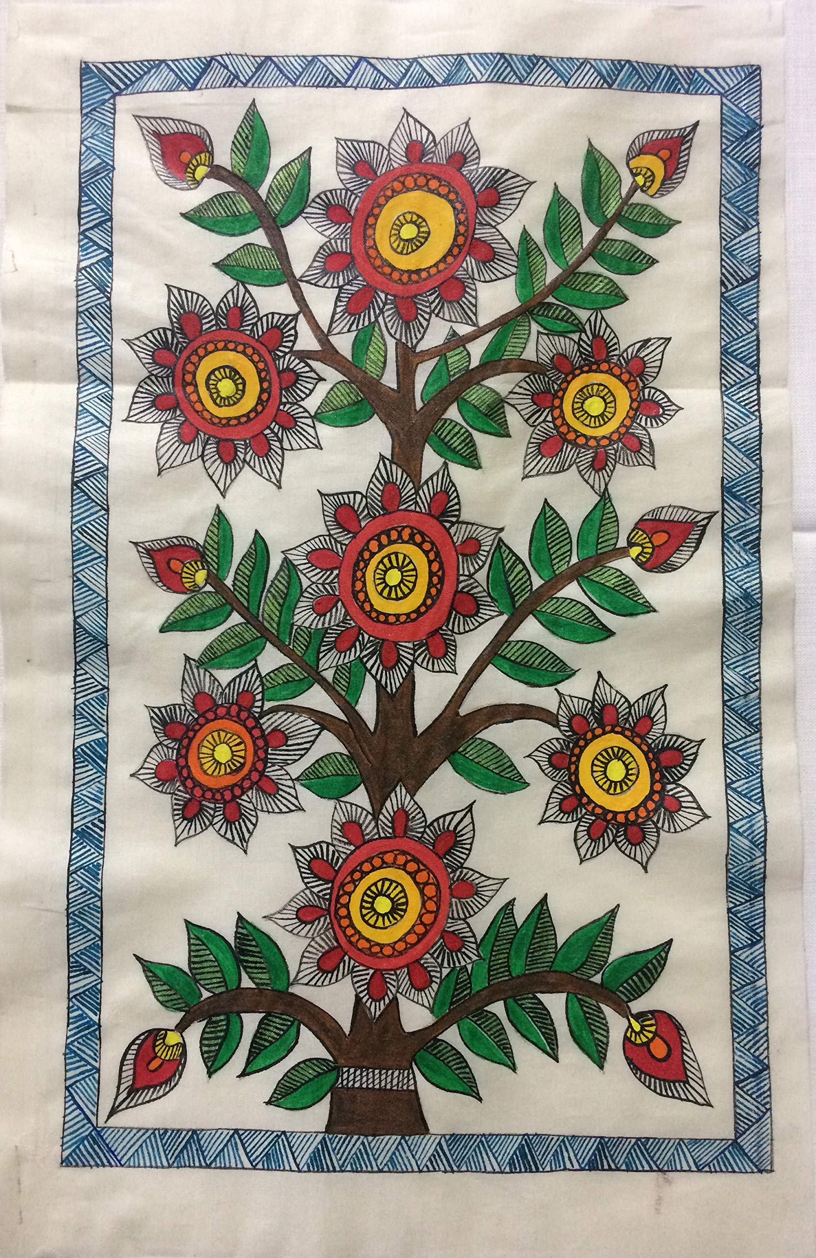 Peinture sur soie Mithila Madhubani fleurs tableau indien 28x17.8cm
