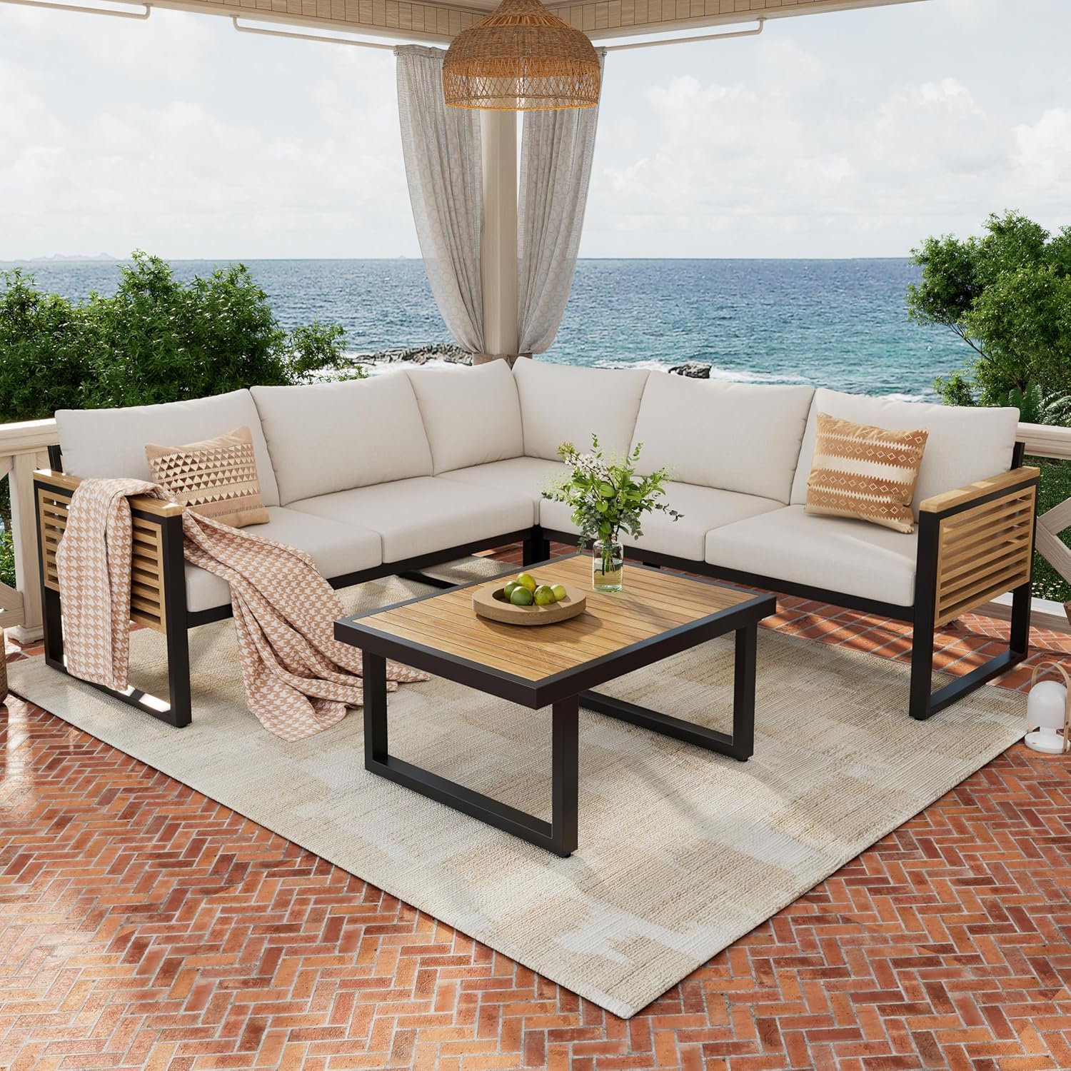 Christopher Knight Home Gevin 5-Seater Acacia Wood Metal Patio Furniture Set, Outdoor Sectional Conversation Club Chair Sofa Corner Chat Set with Coffee Table for Backyard or Balcony, Teak+Beige+Black