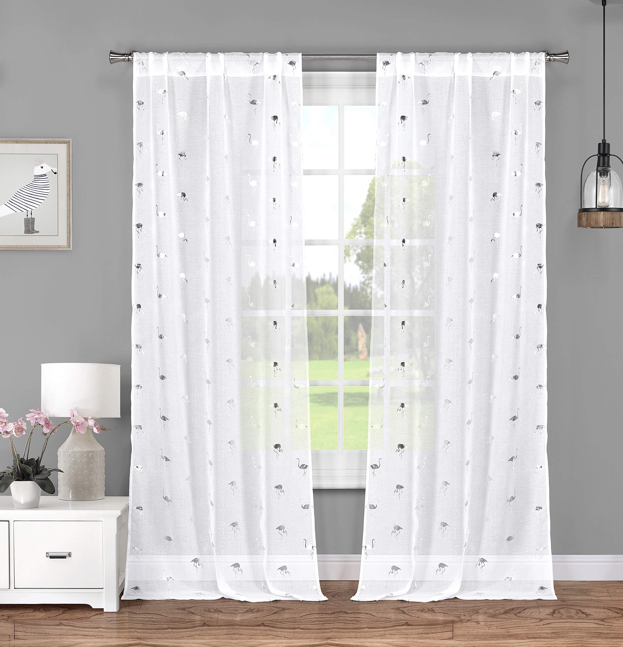 Lala + BashSandie Metallic Flamingo Window Curtain, 40x84, White-Silver