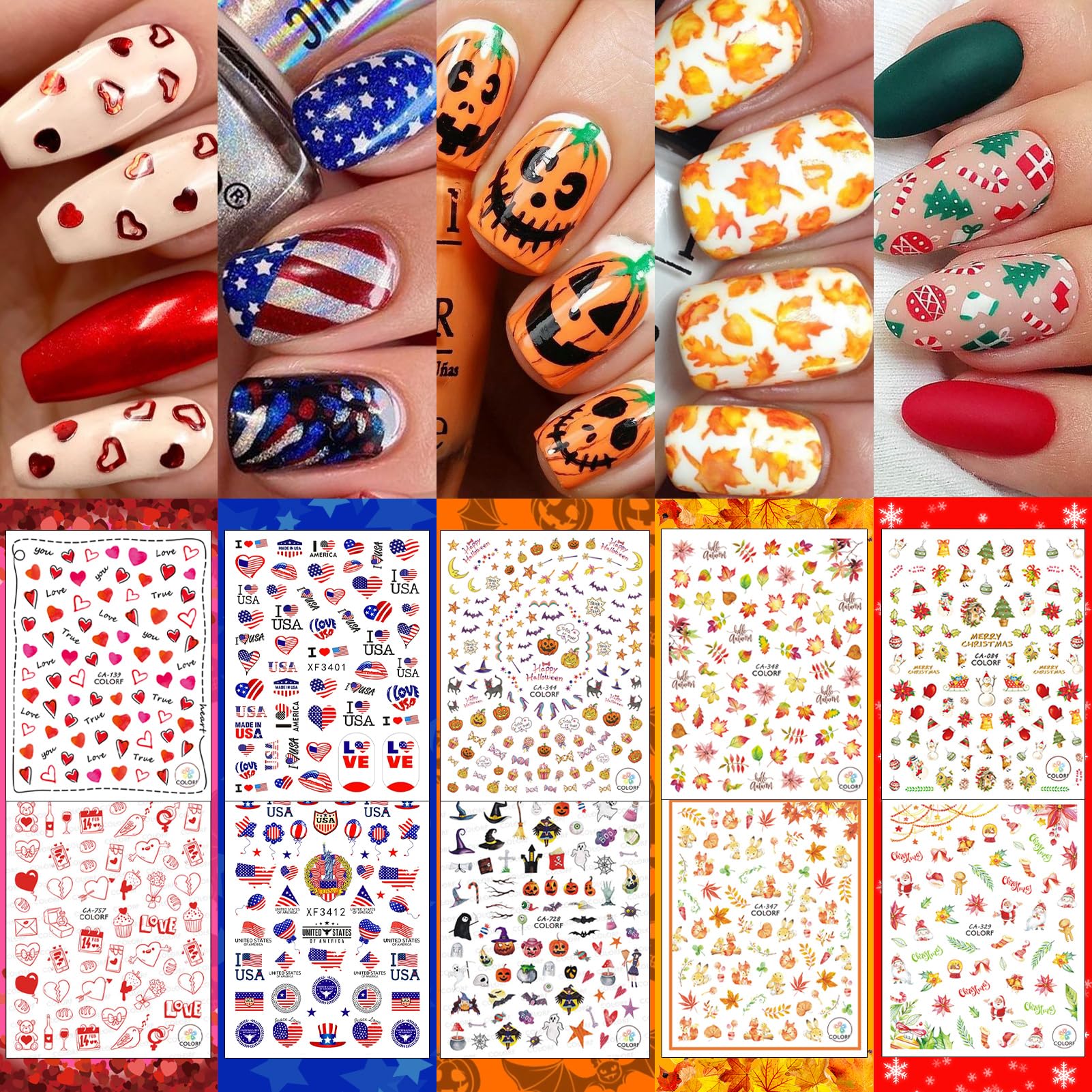30 Sheets All Holiday Nail Stickers, Thanksgiving Independence Christmas Valentine's HalloweenDay Nail Art Decals Mixed All Season Set, Self-Adhesive