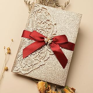 25Pcs Gold Glitter Wedding Invitations with Burgundy Ribbons Laser Cut Invitation Pocket with RSVP Cards Envelopes Blank for Wedding Quinceanera Anniversary (Complete Blank, Templates Available)