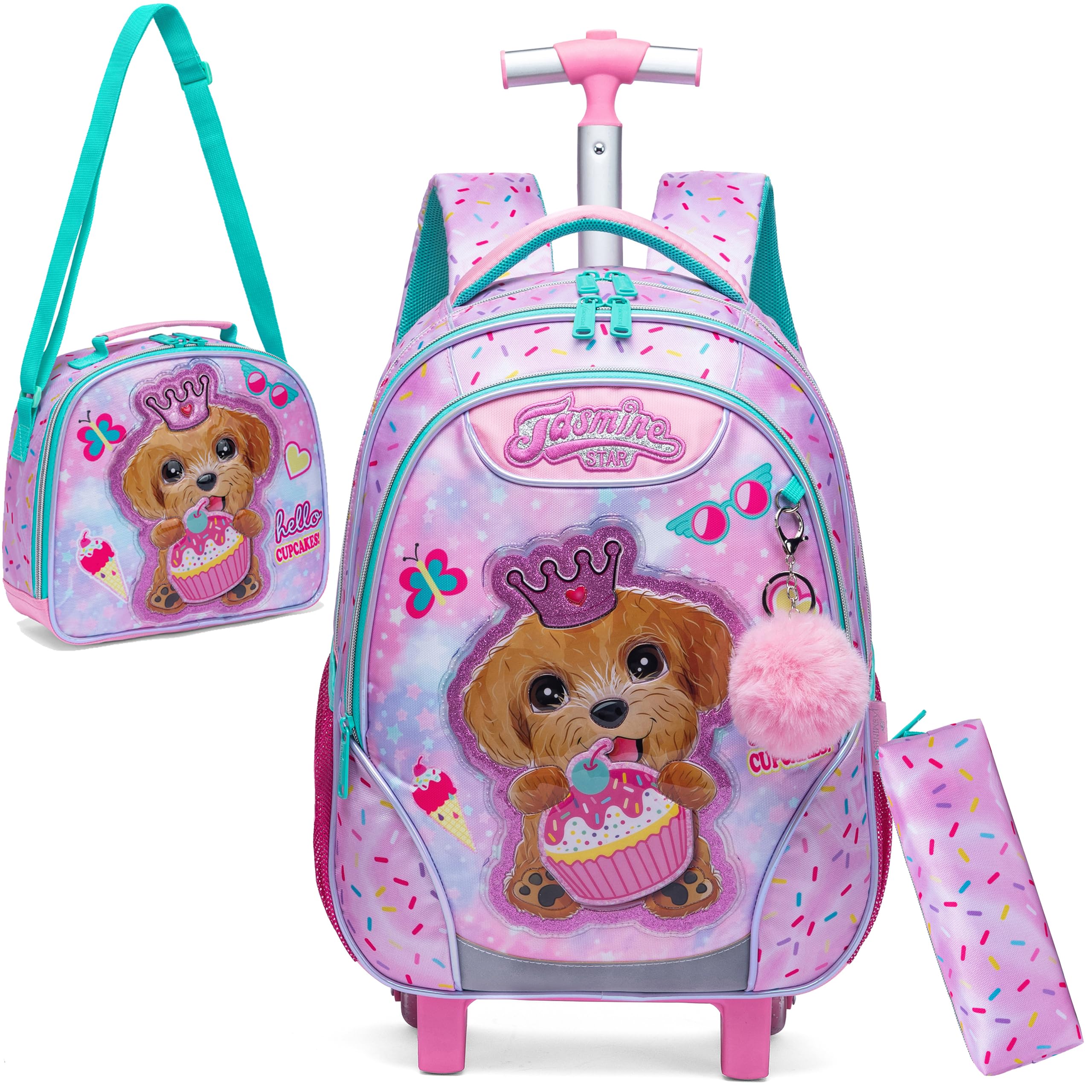 HTgroce Mochila Escolar con Ruedas Niña, Mochilas Escolares Con Ruedas,Traiga un Estuche para lápices y una Bolsa para el Almuerzo