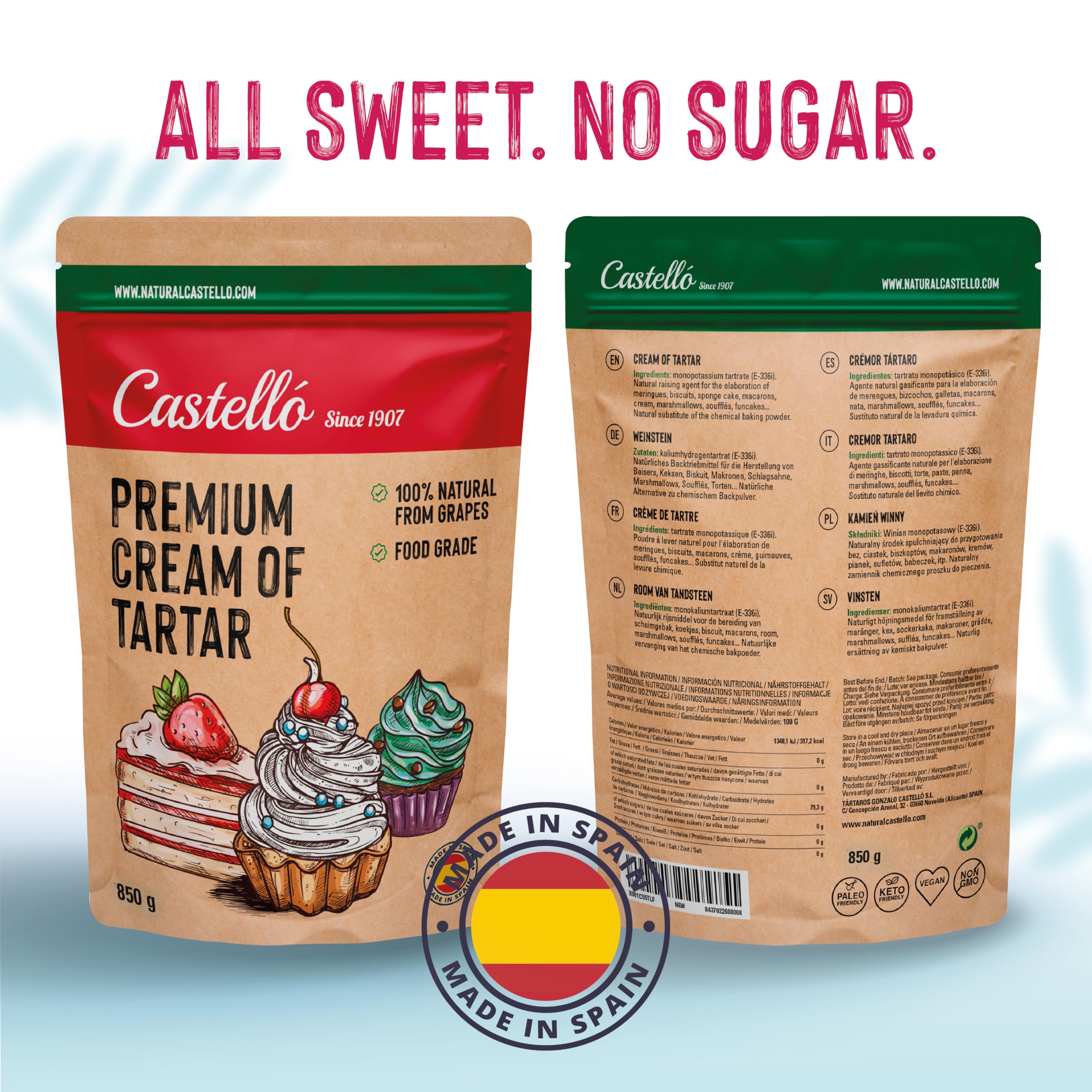 Castello since 1907 Cremor Tártaro (Cream of Tartar) 850 g - 100% Natural - Sustituto Natural de la levadura química - Sin Gluten - Sin aditivos - Sin fosfatos - Keto Y Paleo - No OGM