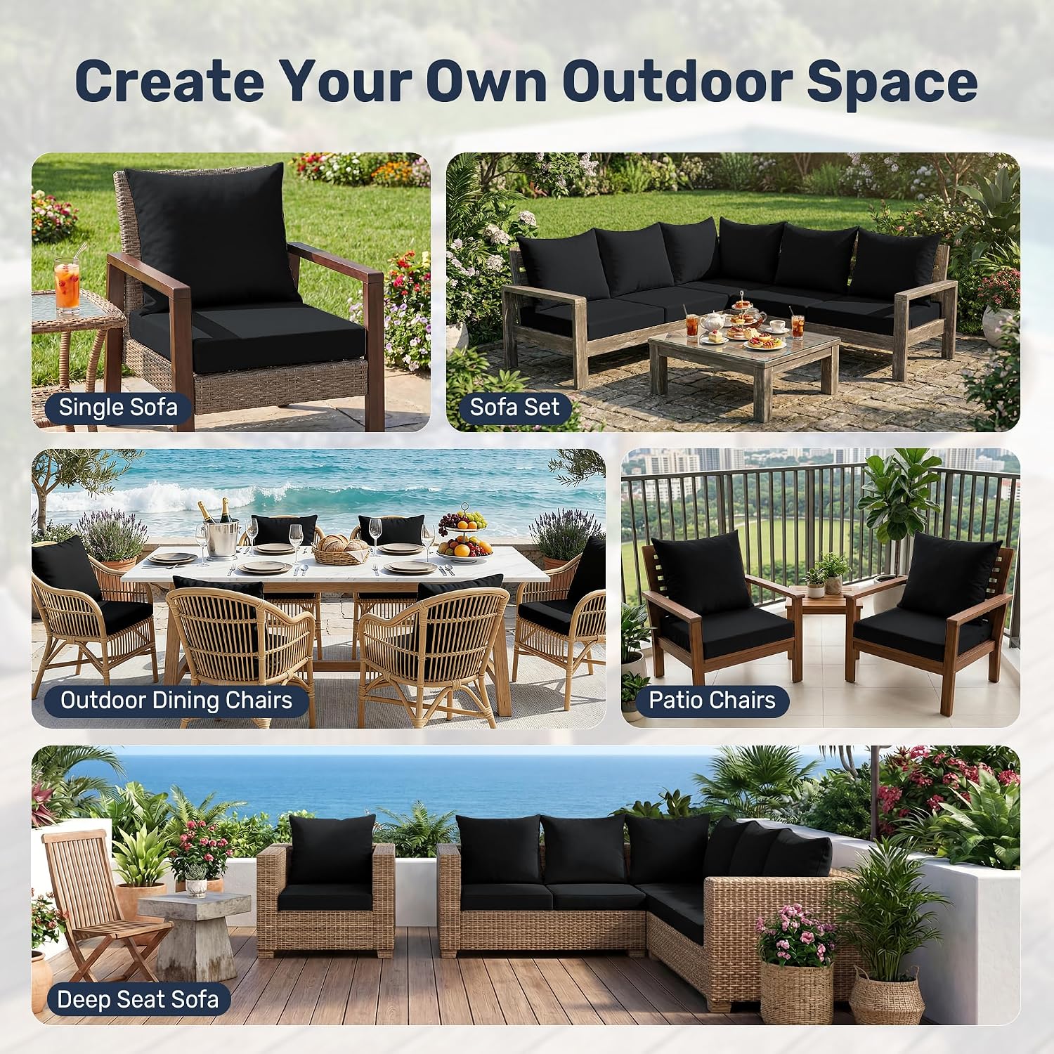 UNIKOME Outdoor Seat Cushions 24 X 24 Inch - Water-Resistant & Fade Resistant, Removable Cover Patio Furniture Cushions for Chair, Sofa, Couch, Wicker, Black