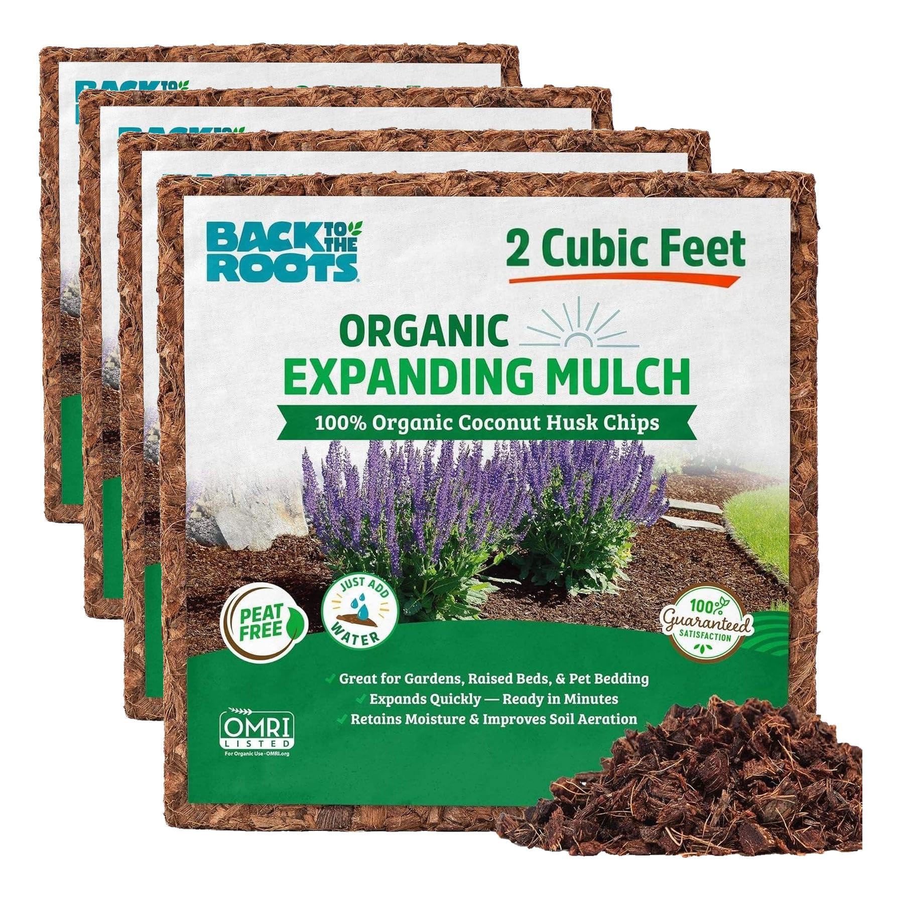 Back to the Roots 100% Organic Mulch, 58 Quart, Expanding Coconut Husk Block for Gardening, 2 Cubic feet (Pack of 4)