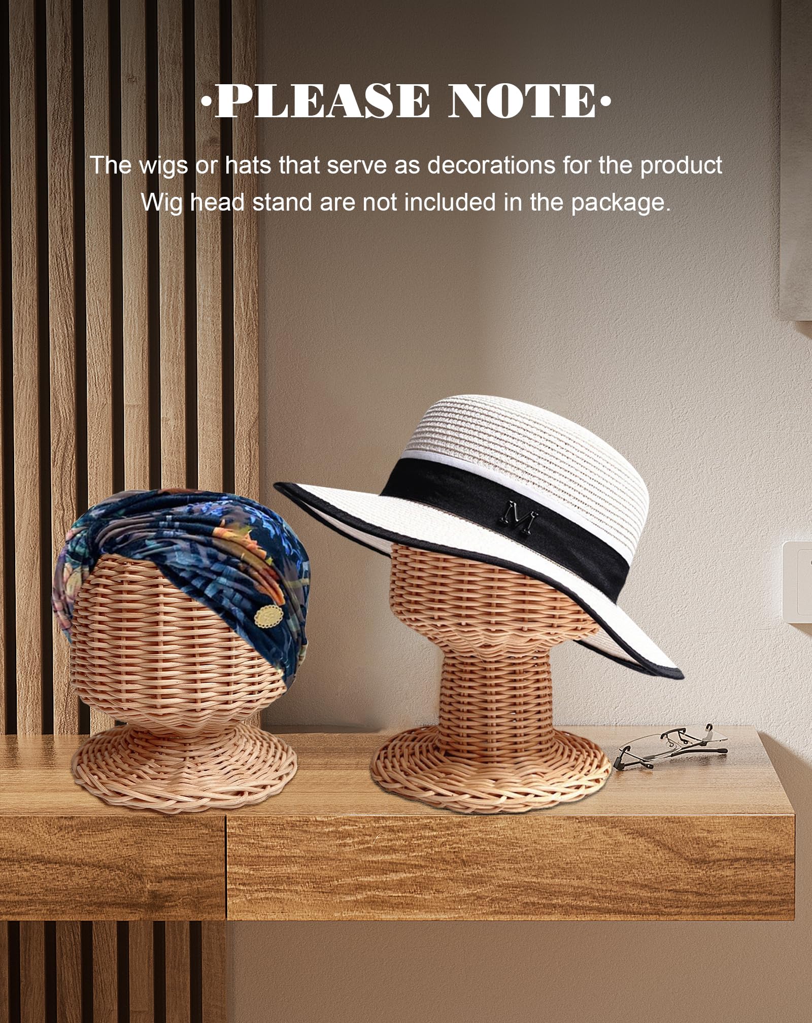 TINGSING Rattan Mannequin Head Stand Hat Wig Display Holder Hair Stylist Demo Cap Rack, Handmade Wicker Showcase - Image 4