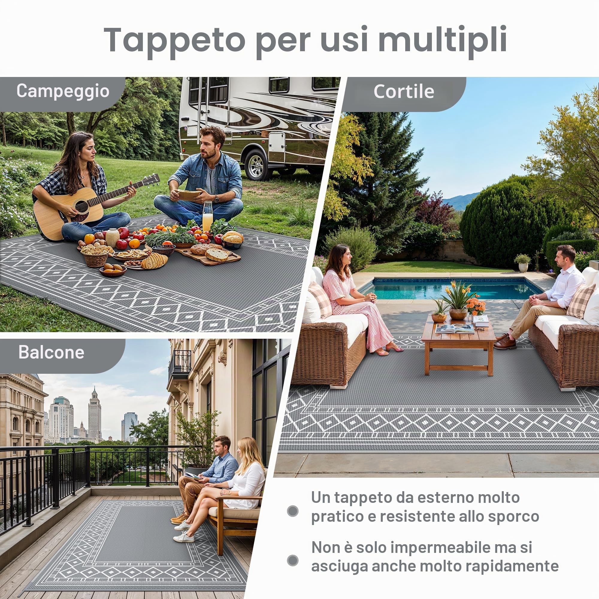 GENIMO Tappeto da Esterno 150x240 cm in Plastica Impermeabile Lavabile Reversibile, Vintage Grigio/Bianco per Terrazza Giardino Camper Picnic Balcone
