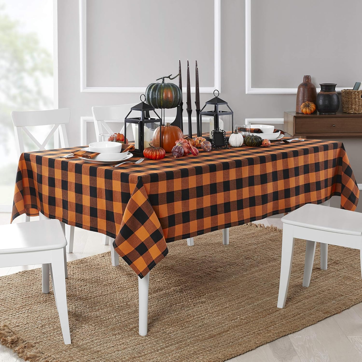 Elrene Home Fashions Farmhouse Living Fall Buffalo Check Fabric Tablecloth, 60" x 102", Black/Orange