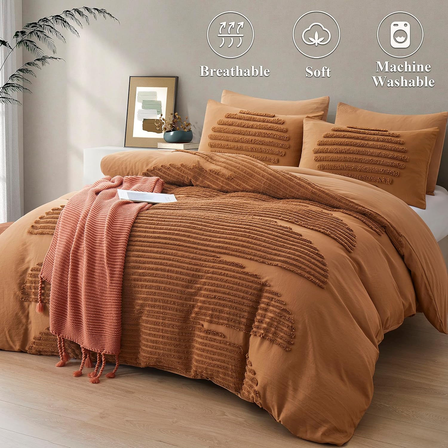 BEDAZZLED Queen Size Duvet Cover, 5 Pieces Pumpkin Brown Textured Duvet Cover Sets, Soft and Breathable Boho Tufted Bedding Comforter Cover Set for Gifts, Comforter Not Included (Pumpkin Brown, Queen) - Image 2