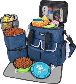 PetAmi Dog Travel Bag Pet Supplies Accessories Organizer for Traveling, Camping, Weekend; Cat Pet Travel Bag Kit Includes 2 Food Storage Containers, 2 Collapsible Bowls, 1 Feeding Mat Navy Blue