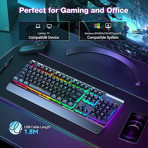 Miniatura 5 de TECKNET Teclado para juegos, teclado de computadora con cable USB, iluminación RGB de 15 zonas, resistencia al agua IP32, 25 teclas anti-fantasma,