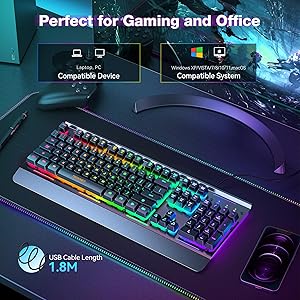TECKNET Gaming Keyboard, USB Wired Computer Keyboard, 15-Zone RGB Illumination, IP32 Water Resistance, 25 Anti-ghosting Keys, All-Metal Panel (Whisper Quiet Gaming Switch)