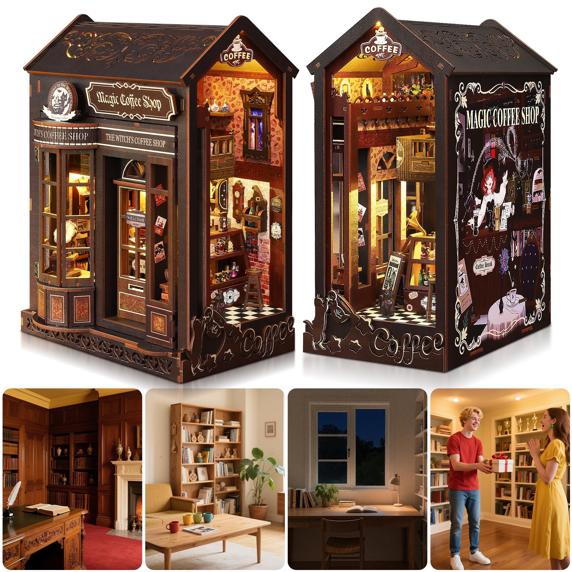 Book Nook Kit dla dorosłych: LUMYCE drewniane puzzle "zrób to sam" miniaturowy domek dla lalek 3D - podpórka na książki do regału na książki dekoracja z oświetleniem LED, kreatywny prezent dla
