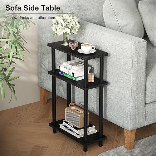 Miniatura 3 de Apicizon Mesa auxiliar pequeña y estrecha, mesa auxiliar delgada de 3 niveles con estante de almacenamiento, mesita de noche delgada para espacios