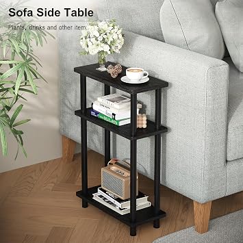 APICIZON Narrow Side Table, Slim Small Table, 3 Tier End Table Living Room, 40x18x61.5cm, Modern Thin Side Tables for Living Room, Bedroom, Sofa, Small Nightstand with Magazine Rack, Wooden, Black