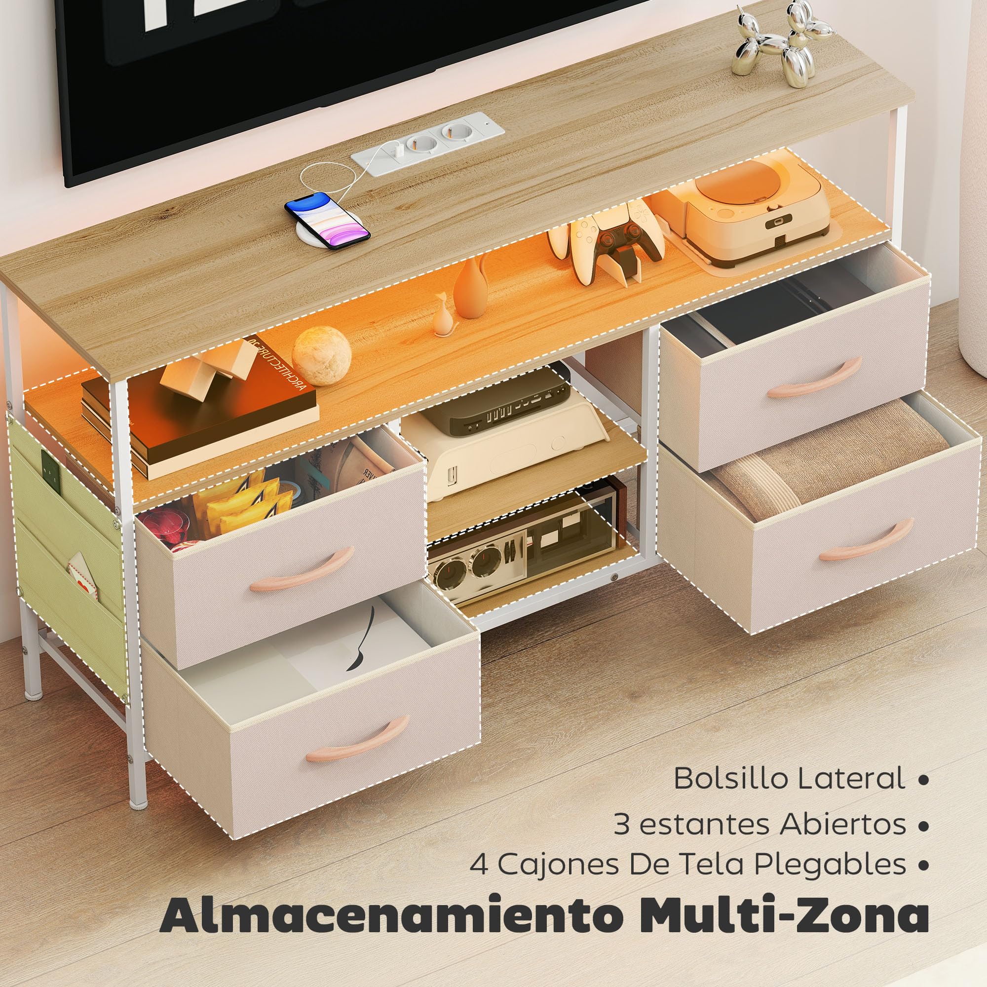HOMCOM Mueble de TV con Luz LED Enchufes hasta 50 Pulgadas Beige y Natural | Mesa de TV para Salón, Puertos USB, Estantes Abiertos, 4 Cajones de Tela Plegables y Bolsillo