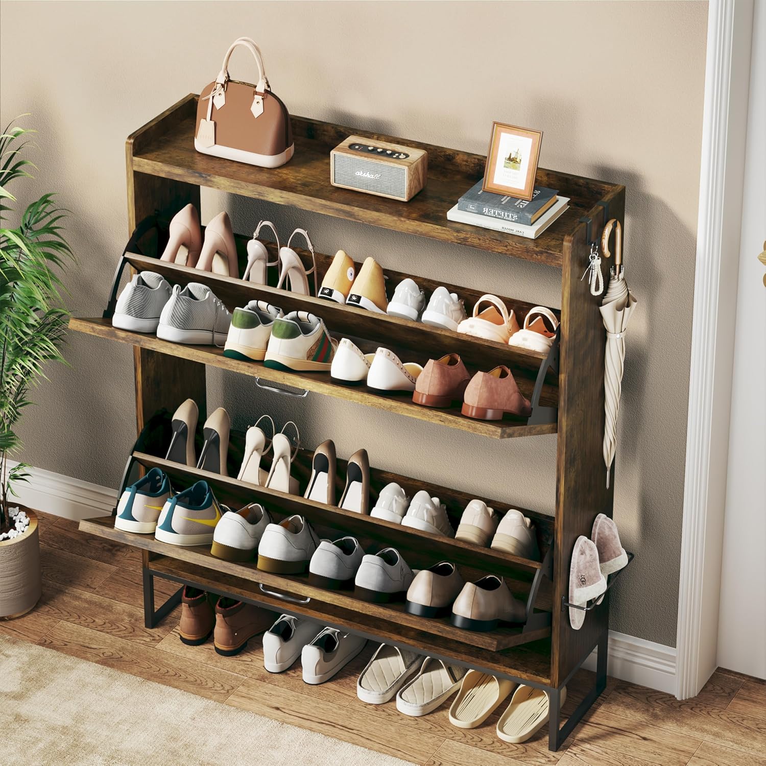Shoe Cabinet with 2 Flip Drawers - Adjustable Shelves, Freestanding Organizer with Metal Legs for Entryway, Narrow Shoe Cabinet, Rustic Brown