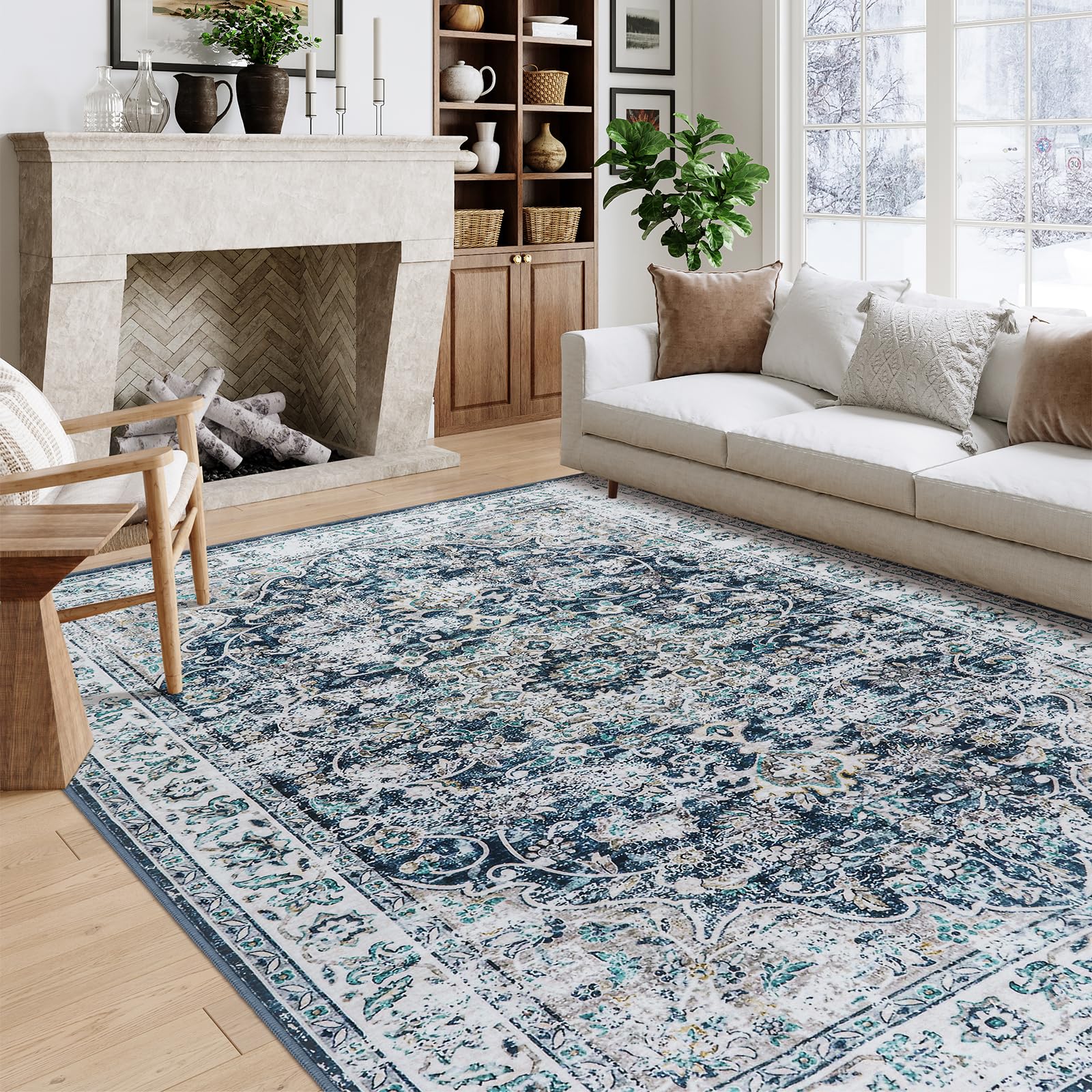 Lahome Vintage 8x10 Area Rugs, Non-Slip Washable Rug for Bedroom Dining Room, Ultra-Thin Oriental Living Room Rug Stain Resistant Distressed Carpet Accent Rugs for Office Dining Room (8x10ft,Blue)