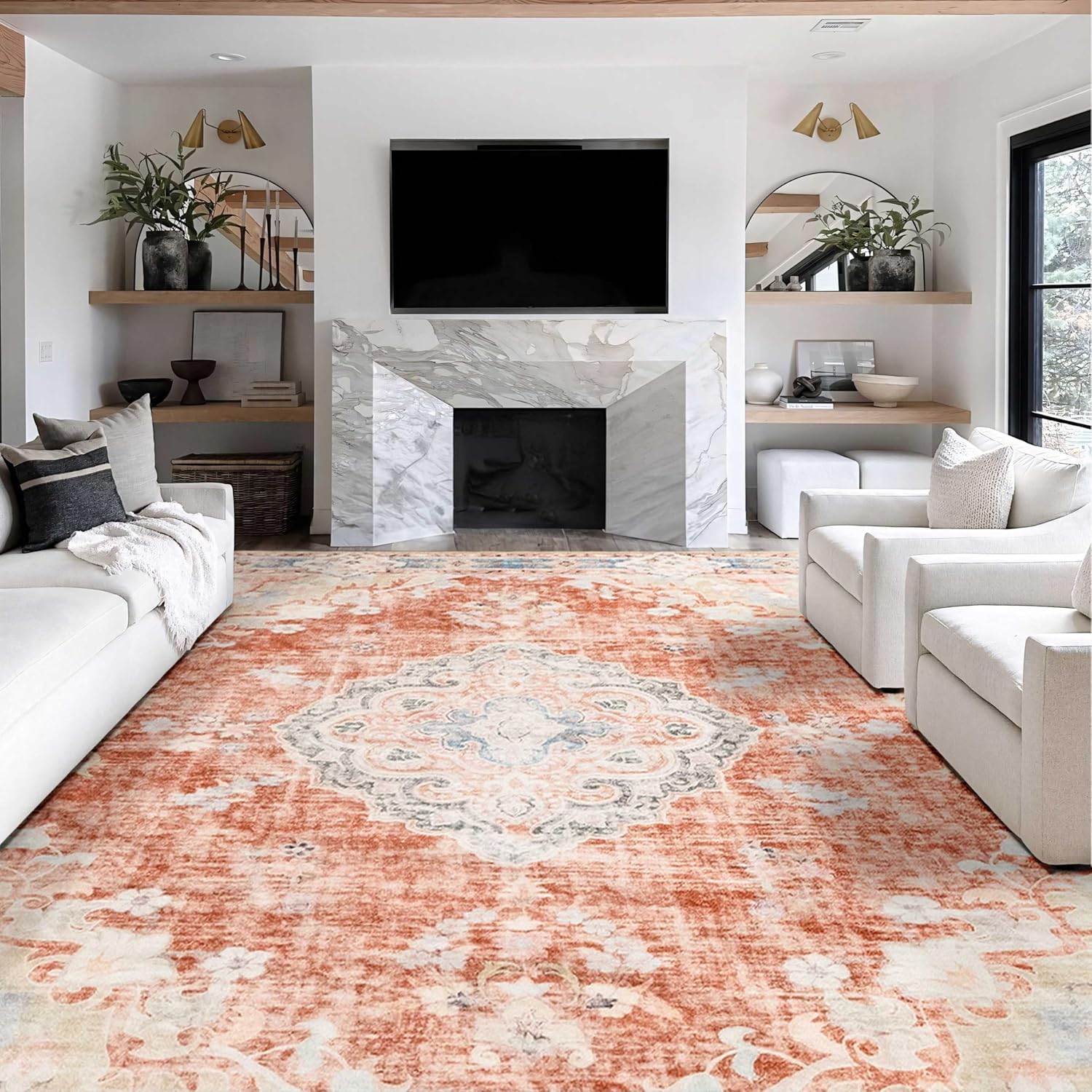 MUJOO 9x12 Area Rug Large Rugs for Living Room Orange Rug for Bedroom Dining Room Boho Rug Washable