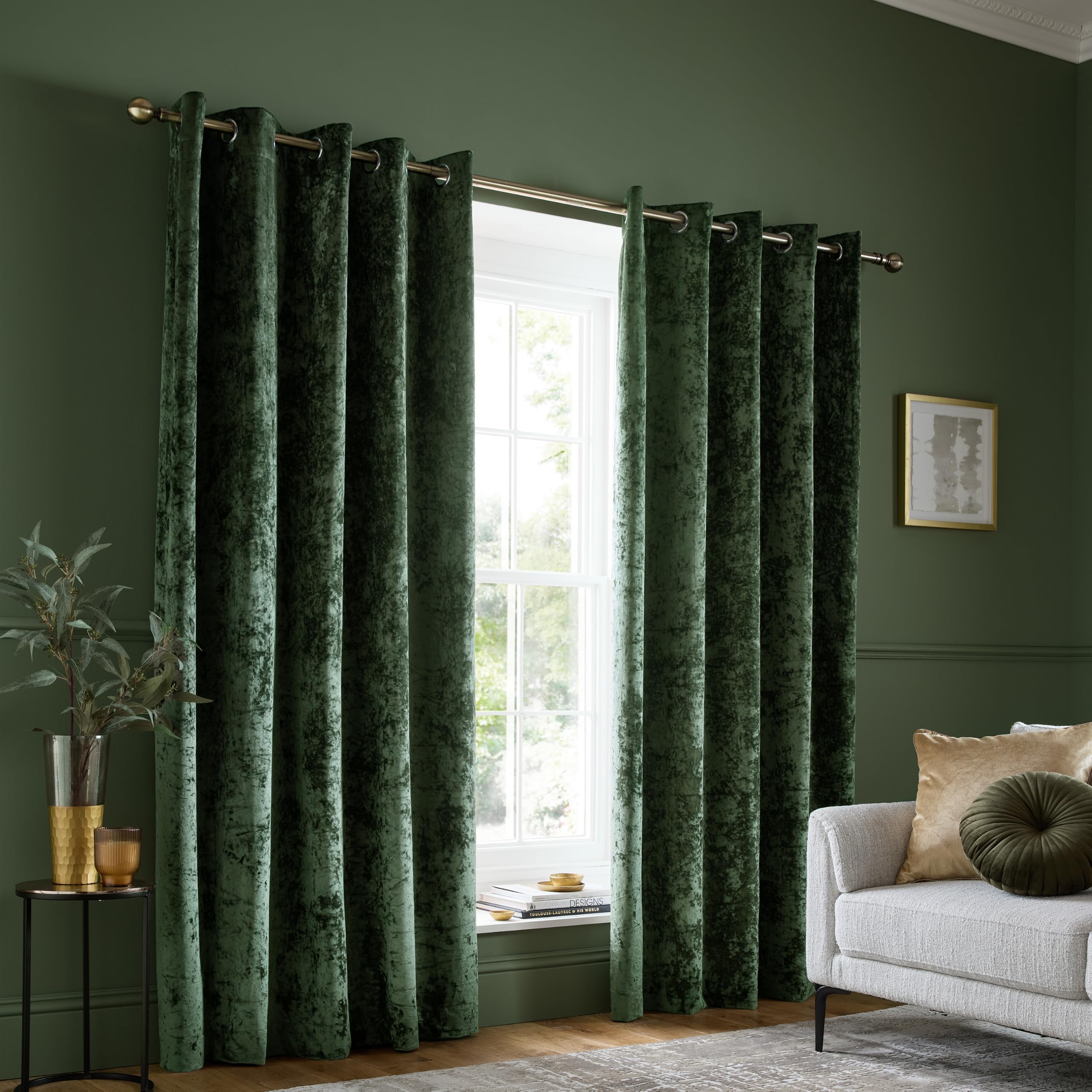 Catherine Lansfield  Green Crushed Velvet Lined Eyelet Curtains in Size L, Sports Direct