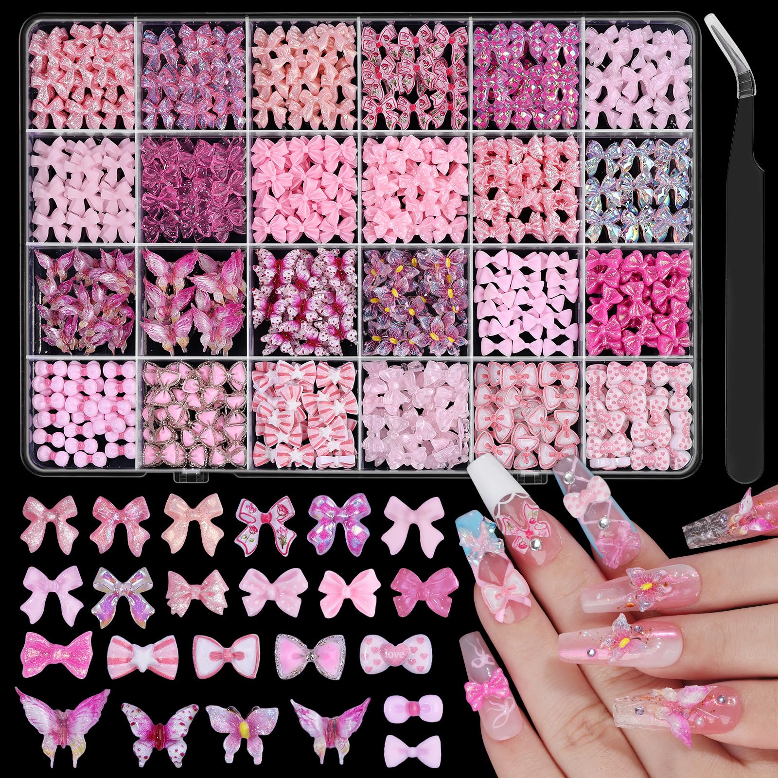 3D Bow Nail Art Charms, Mixed Pink Bows for Nails Resin Flatback Bowknot Butterfly Charms for Nails Design Cute Nail Decorations with Tweezers for Women Manicure DIY Crafts Supplies