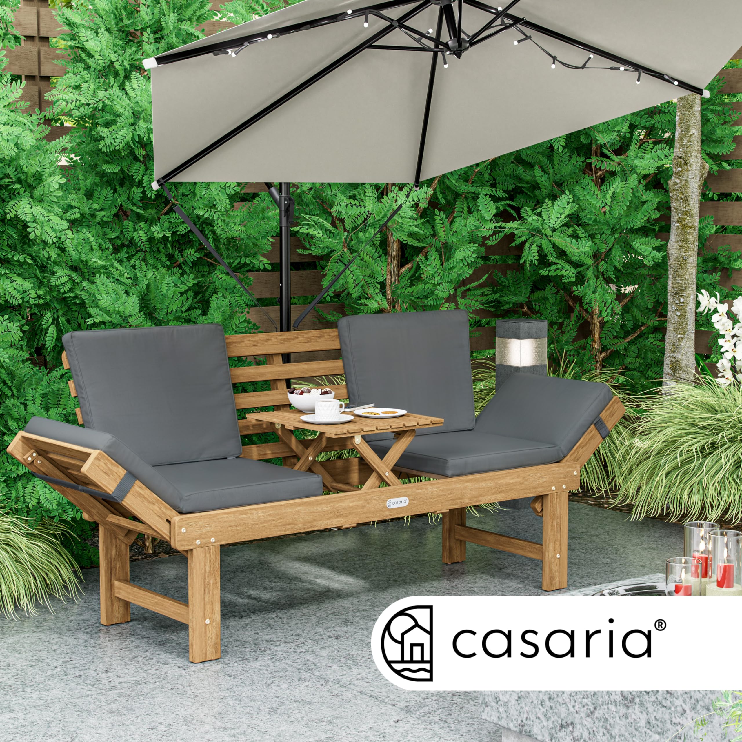 Casaria® Gartenbank Wetterfest Holz mit Tisch 200x50cm Klappbar 320kg Belastbar FSC®-Zertifiziert 3-Sitzer Garten Balkon Holzbank Akazie 3 Personen