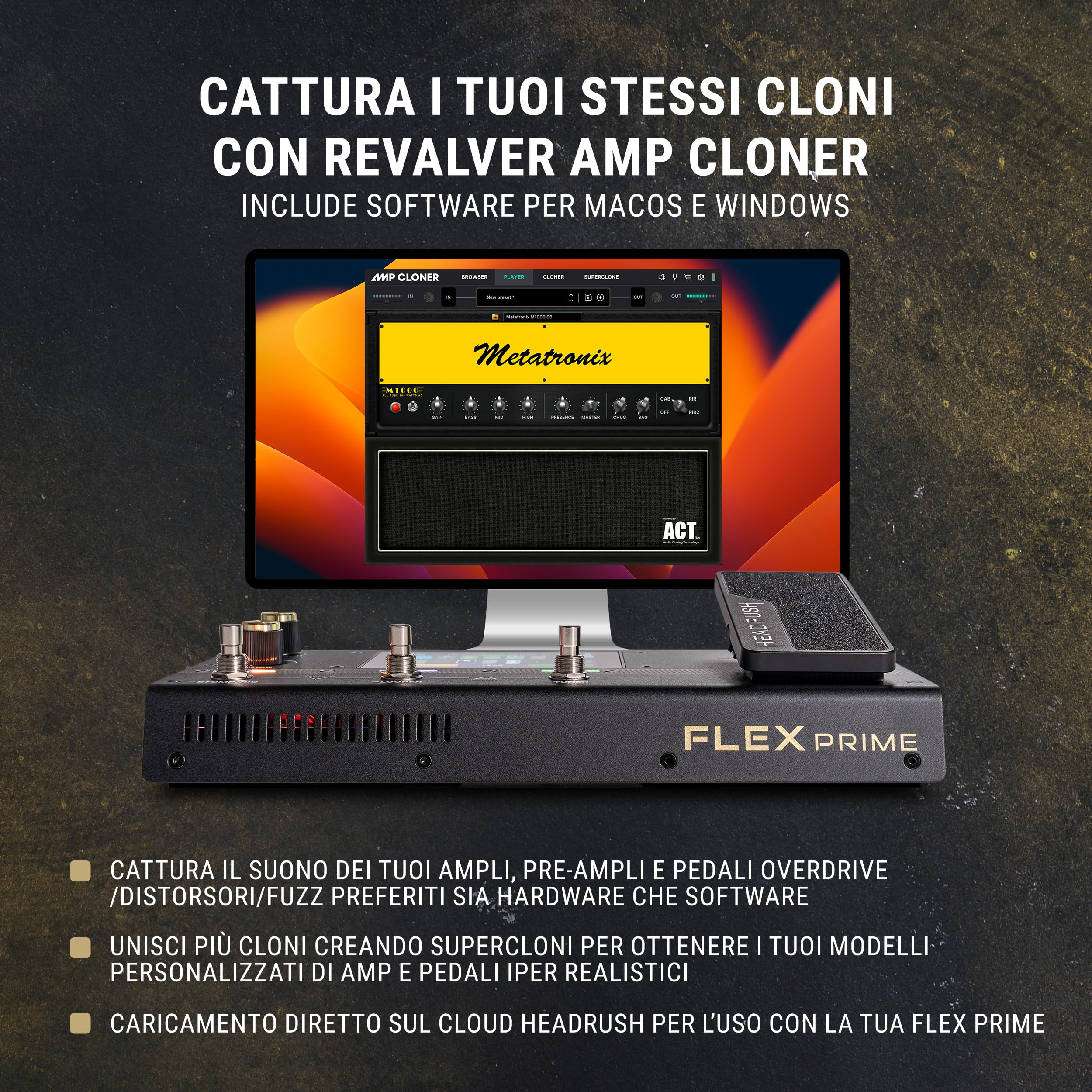 HeadRush Flex Prime - Pedaliera Multieffetto e Amp Modeler per Chitarra e Basso con Touchscreen, Looper, Wi-Fi, Bluetooth, IR Loader, USB, lezioni