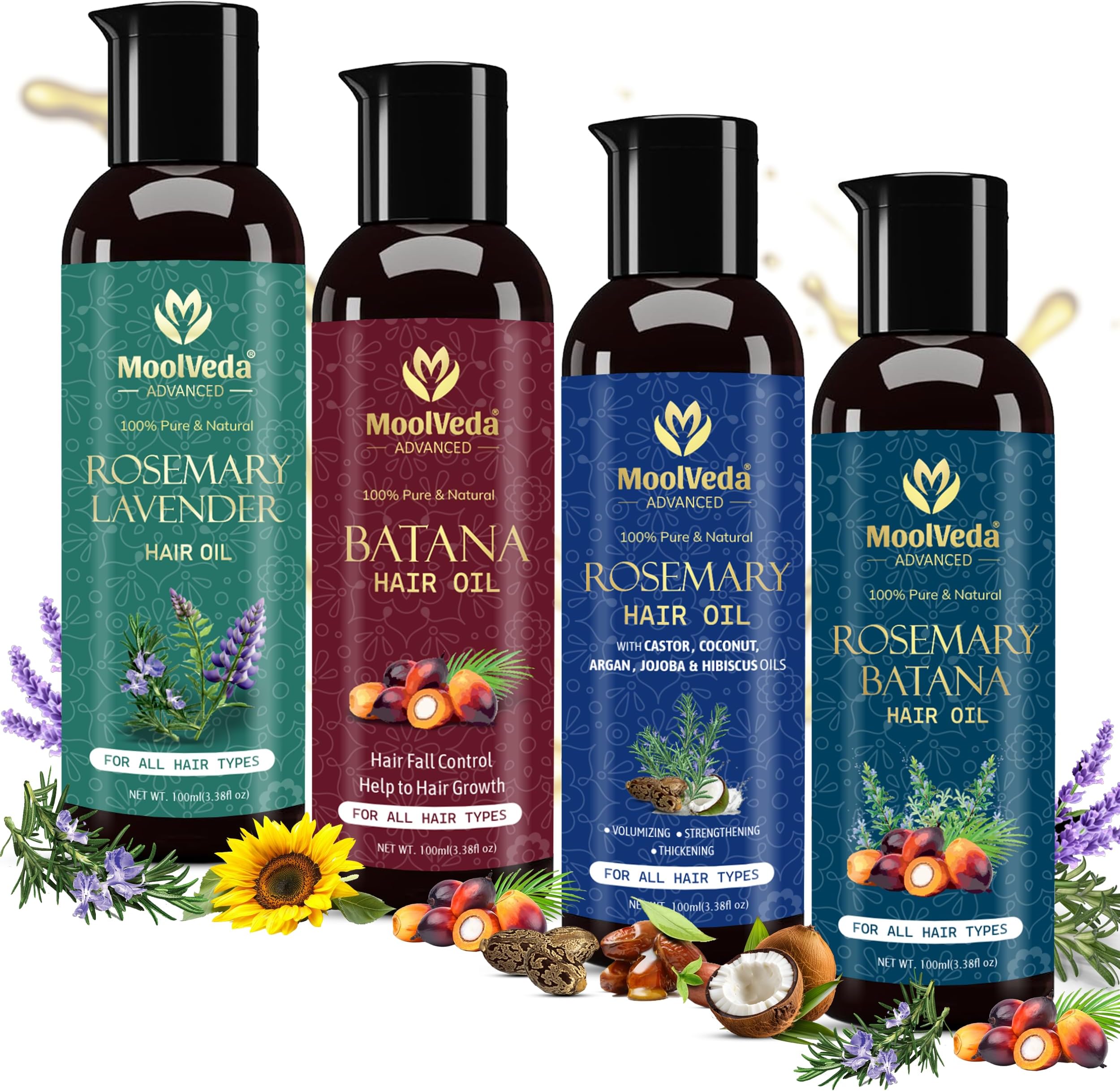 100% Pure & Natural Rosemary Batana, Rosemary Lavender, Rosemary & Batana Hair Oil Combo Set of 4, Each of 100ml