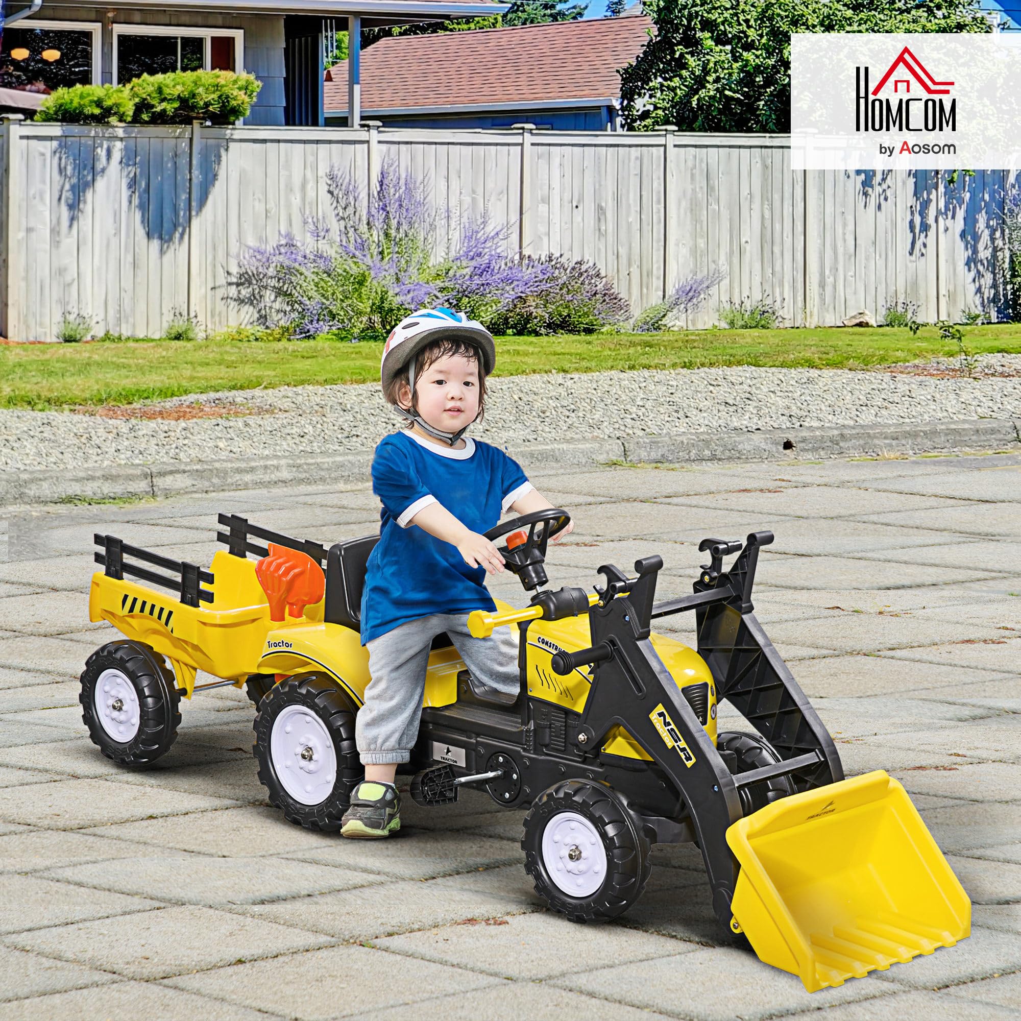 HOMCOM Tractor a Pedales para Niños de 3 Años Excavadora Infantil Juguete de Montar con Remolque Extraíble y Pala Delantera Carga 35 kg 167x41x52 cm Amarillo