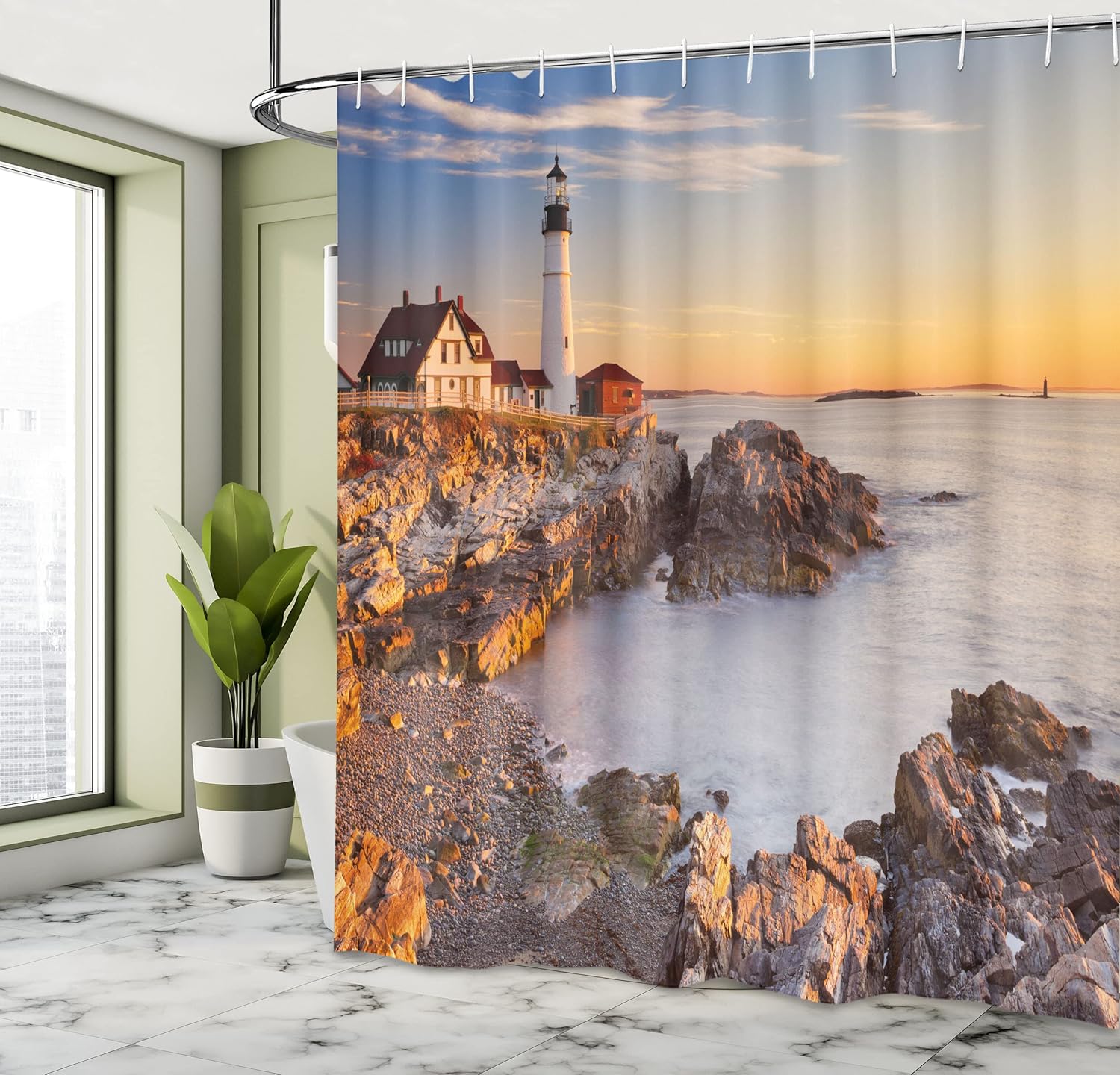 Ambesonne United States Shower Curtain, Cape Elizabeth Maine River Portland Lighthouse Sunrise USA Coast Scenery, Cloth Fabric Bathroom Decor Set with Hooks, 69" W x 70" L, Pale Blue Tan