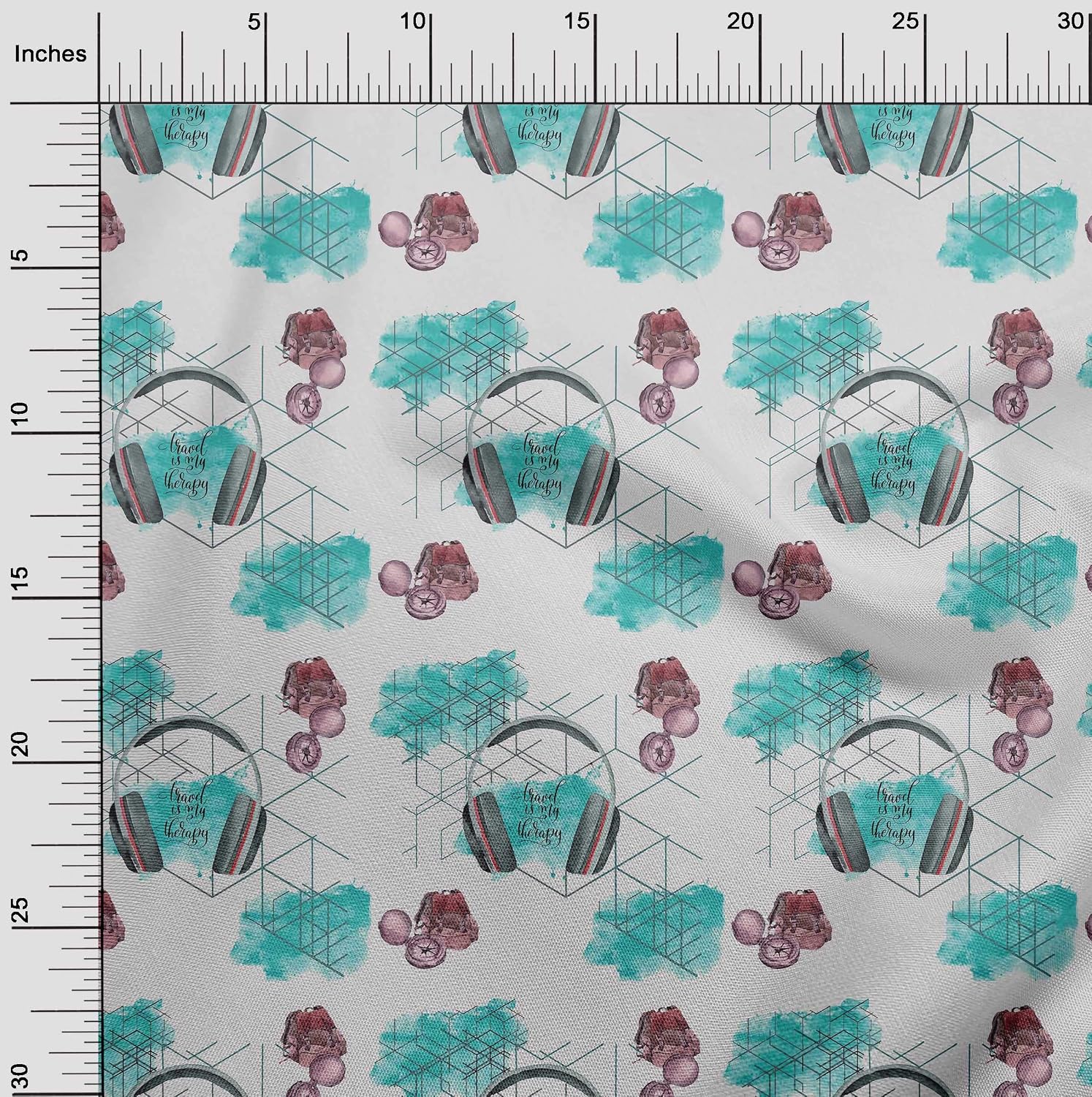oneOone Cotton Flex Turquoise Green Fabric Direction Compass Bag & Headphone Travel Sewing Material Print Fabric By The Yard 40 Inch Wide
