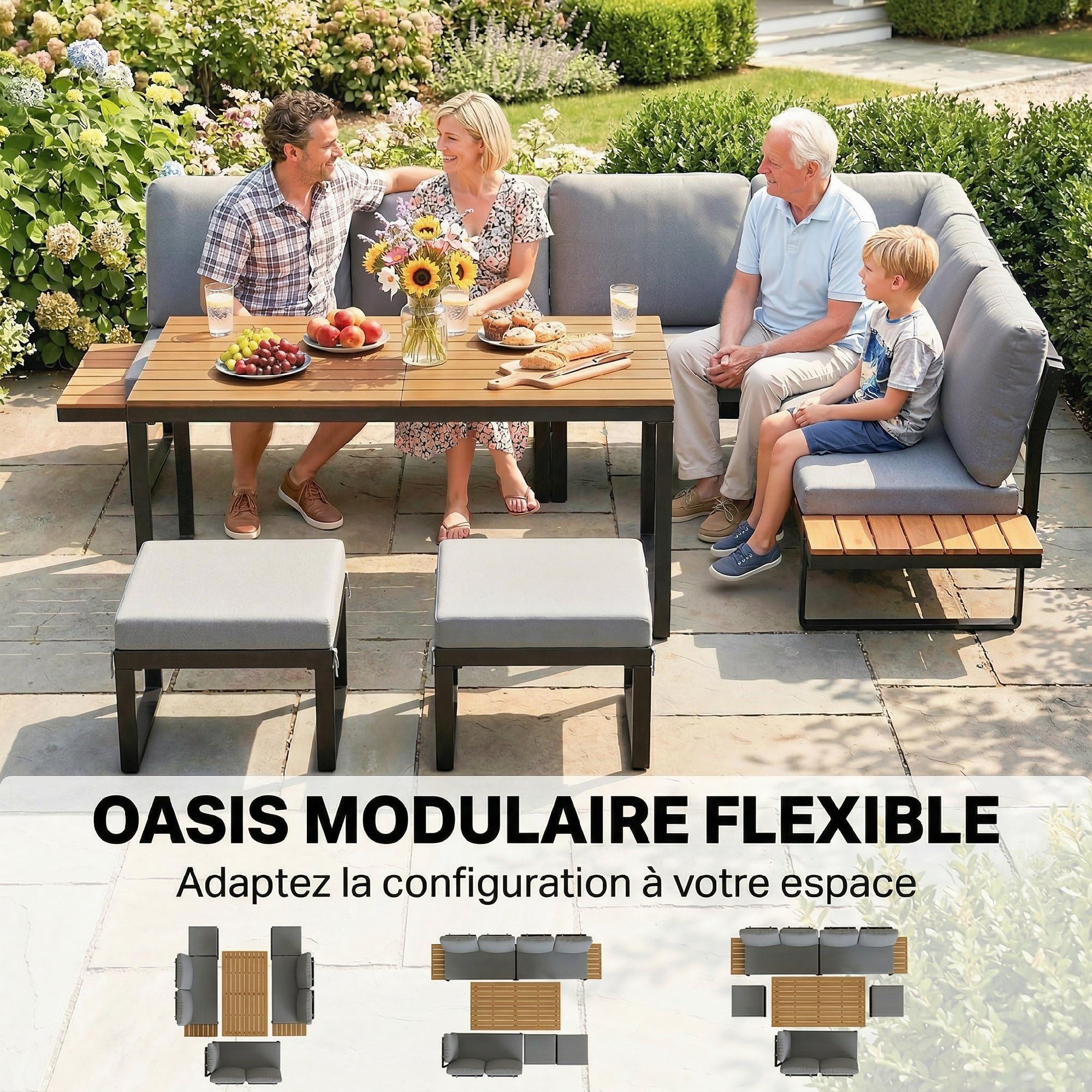 Outsunny Salon de Jardin Extérieur 6-8 Personnes Meuble de Jardin Gris | Aluminium, Table Haute Dînatoire, Canapé d'Angle, Plateaux Latéraux Bois Composite, Mobilier de Terrasse