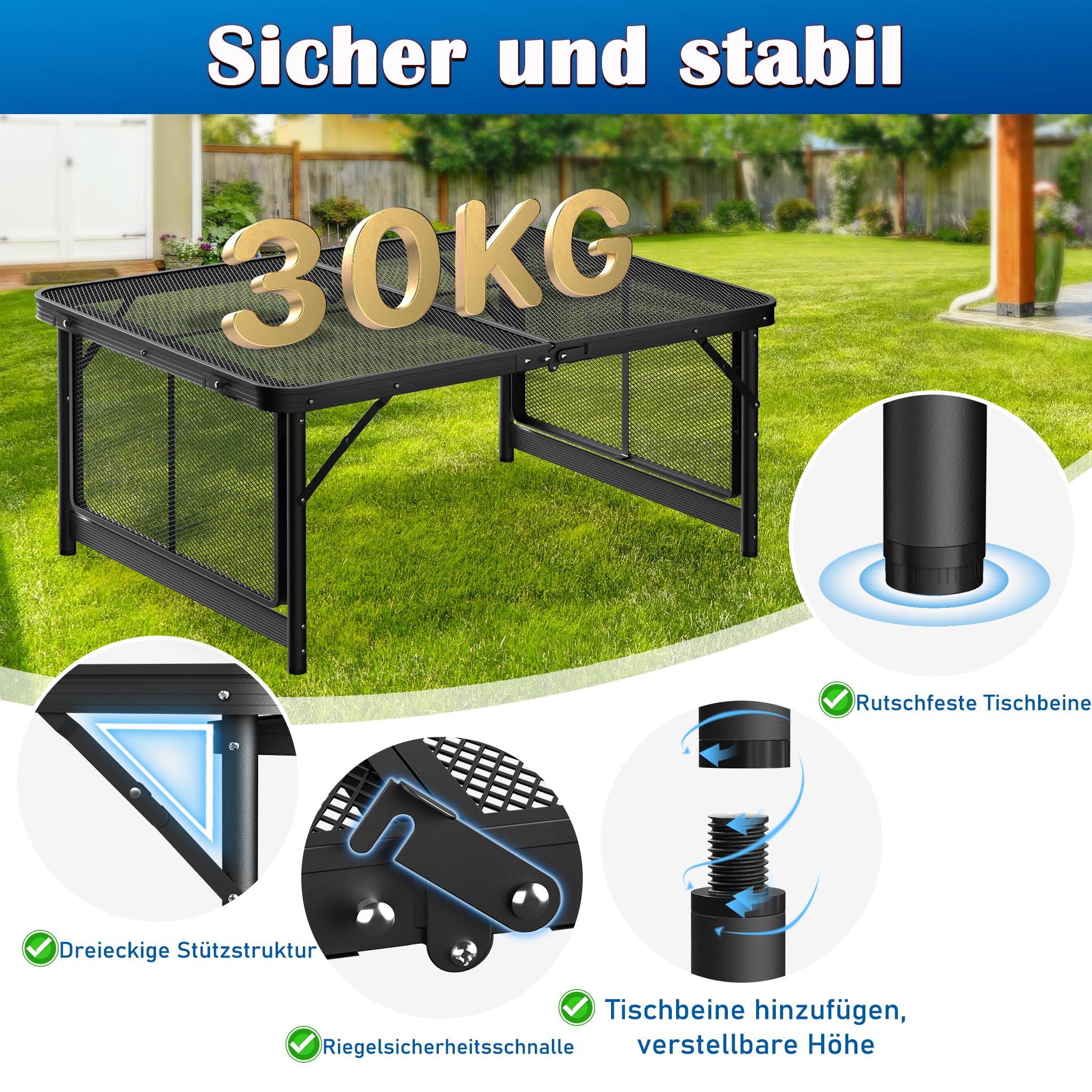 AufuN Tavolo da campeggio portatile, 90 x 60 x 39 cm, regolabile in altezza, pieghevole, multifunzione, con griglia in metallo, pieghevole, da giardino, da spiaggia, da picnic