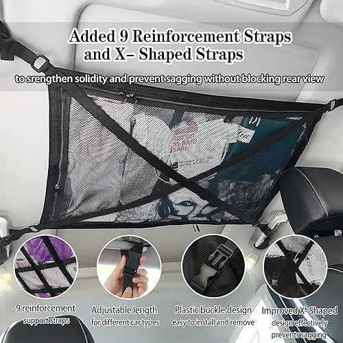 Miniatura 2 de Bolsillo de red de carga para el techo del automóvil, mejorado (no se atasca), red de almacenamiento de techo para automóvil, capacidad ajustable,