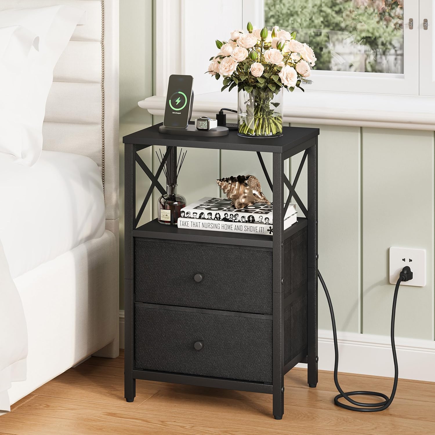 Nightstands Set of 2, Night Stand with Charging Station, Small Bedside Table with Storage Shelf, End Table with USB Ports & Outlets, with Fabric Drawers, for Couch, Bedroom(Black) LET105B-2