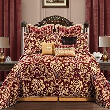 Loom and Mill Ultra Soft Damask Bedding with Euro Shams, Bedskirt, Filled Decorative Pillow for Home-Lafaye, Chenille, Red, King