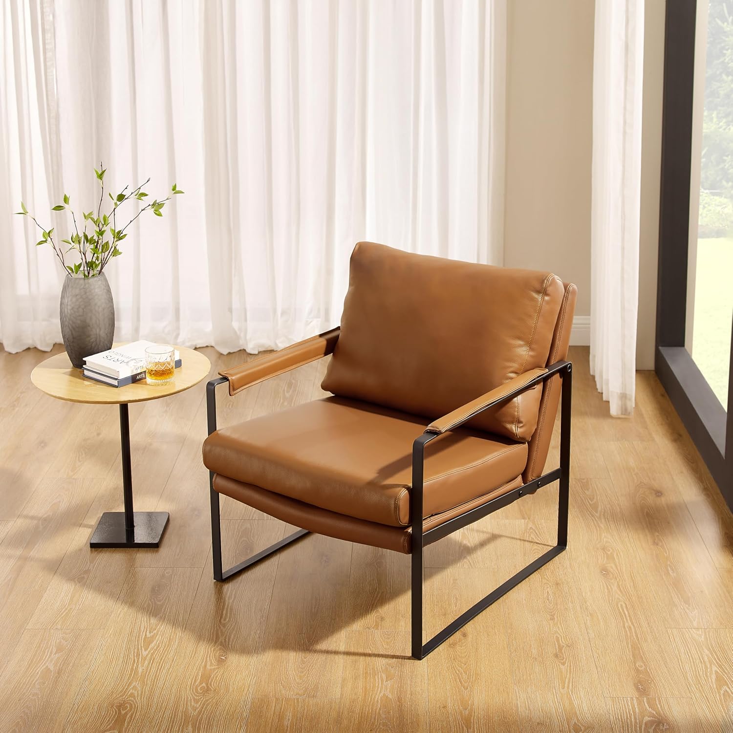 Zouron Genuine Leather Accent Chair, Mid Century Modern Chair with Black Metal Frame, Single Sofa Chair, Upholstered Lounge Reading Armchair for Living Room Bedroom, Brown