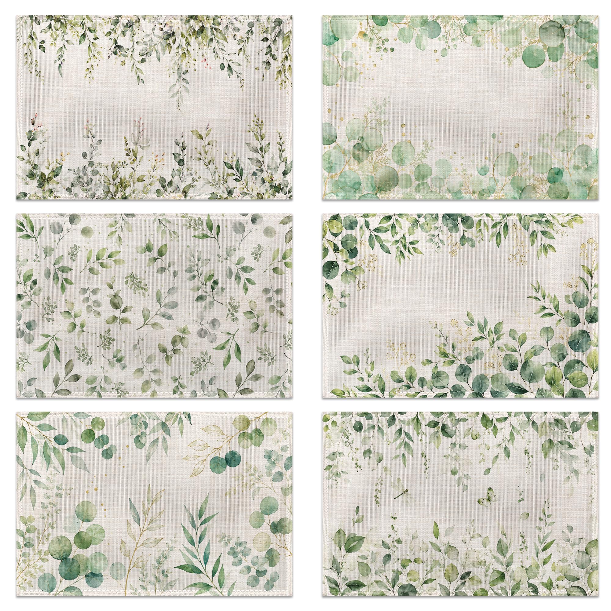 Green Leaves Eucalyptus Placemats Set of 6, Linen Dining Table Mats, Washable Heat Resistant Place Mats for Kitchen Holiday Party, 45 x 30 cm