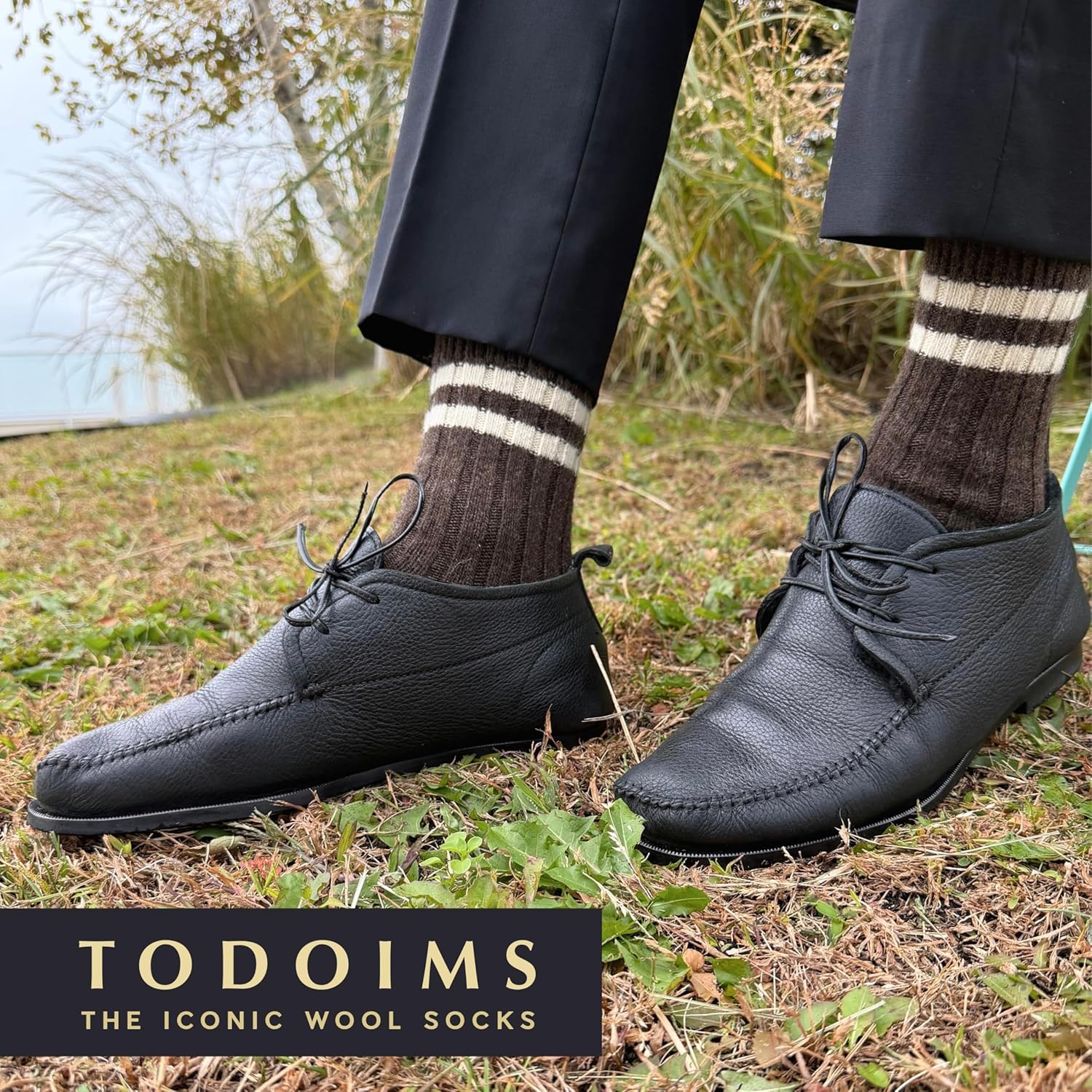"TOD OIMS 92% Merino Wool Socks Men Women 2 Pairs Crew Rib-Knit 100% Made in Mongolia US X-Large Brown White Strips,"