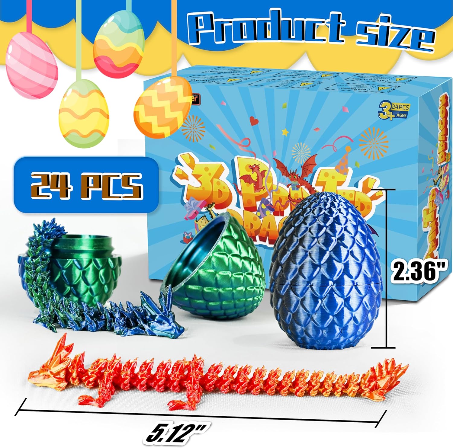 24PCS 3D Printed Dragon Toys Eggs with Dragon Inside, Basket Stuffers for Boys & Girls, Easter Theme Party Favors, Easter Egg Hunt, Classroom Prize Supplies Gifts