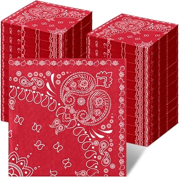 Teling Western Party Bandana Napkins 2 Ply Disposable Paisley Print Paper Napkin Bulk Cowboy Theme Party for Western Cowboy Birthday Rodeo Yeehaw Bday, 6.3" x 6.3"Red,100 Pcs