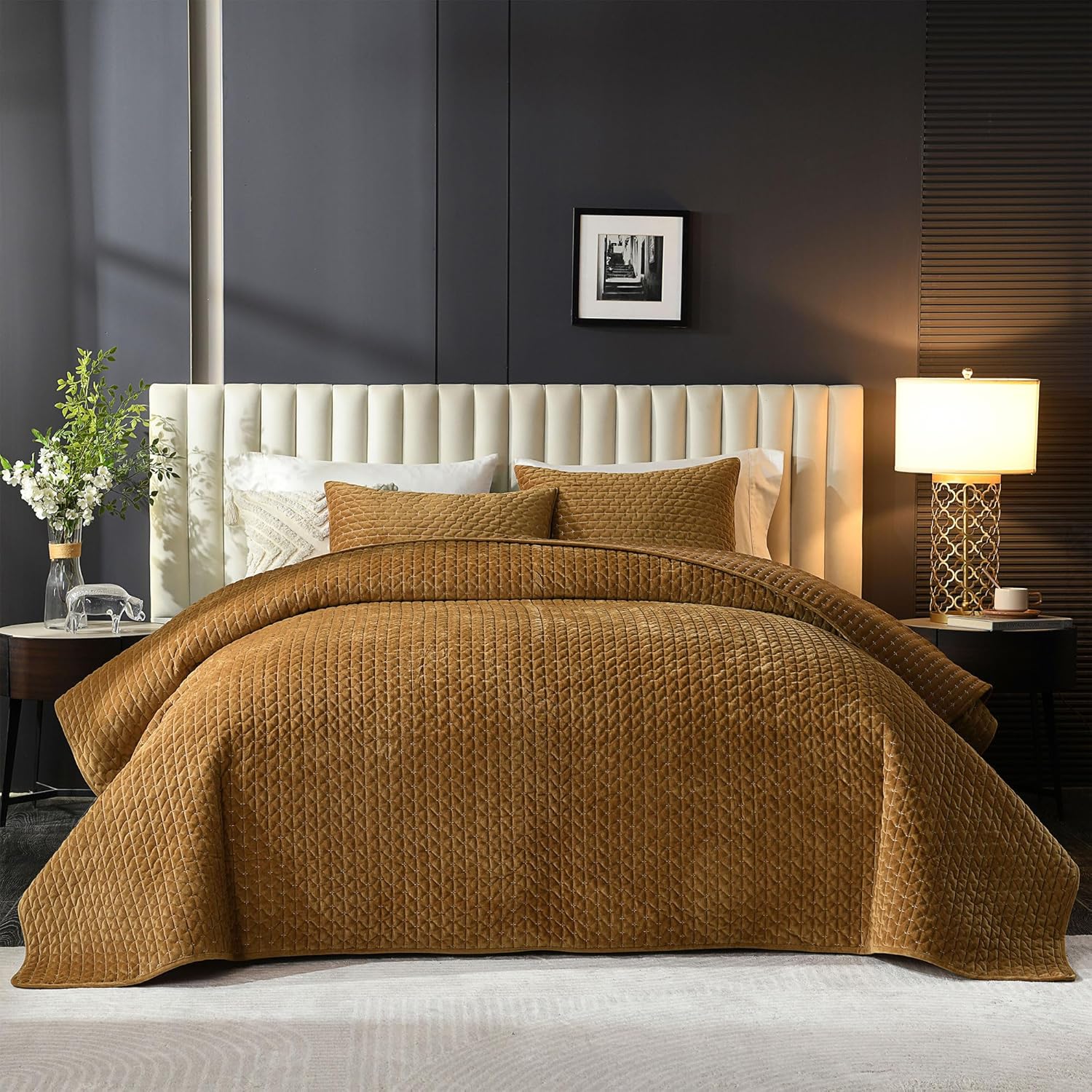 Grassix Velvet Quilt Set King Size, 3 Pieces Cross Stitch Bedspread Coverlet with 2 Shams for All Season, Lightweight Comforter Bedding Set, Gold Caramel, 108"x96" - Image 7