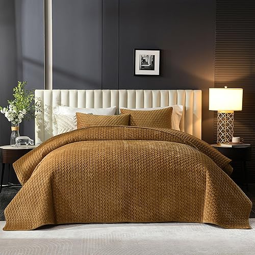 Miniatura 9 de Grassix Juego de edredón de terciopelo tamaño King, juego de ropa de cama de 3 piezas de punto de cruz, juego de edredón ligero de verano, colcha