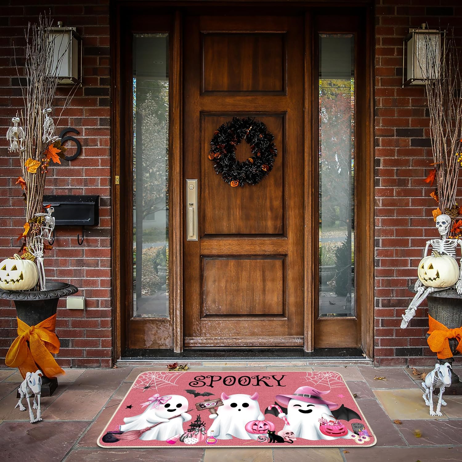 Pink Halloween Ghost Doormat, Non-Slip Entryway Door Mat, 17x29 Inch