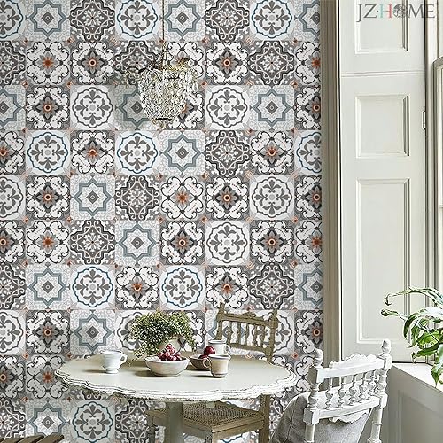 Miniatura 2 de JZHOME 1231 Papel tapiz de azulejos mediterráneos para despegar y pegar, 17.7 x 9.8 pies, papel de contacto autoadhesivo azul bohemio, extraíble,